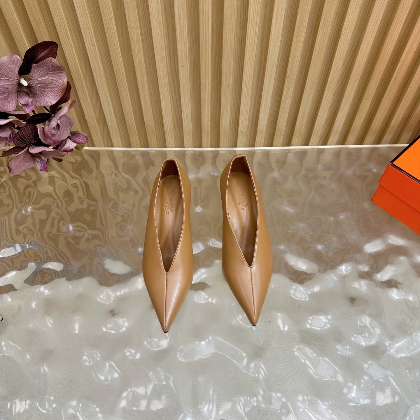 HERMES 25S HIGH-HEEL WEDGE SHOES 50 MM IN BROWN LAMBSKIN