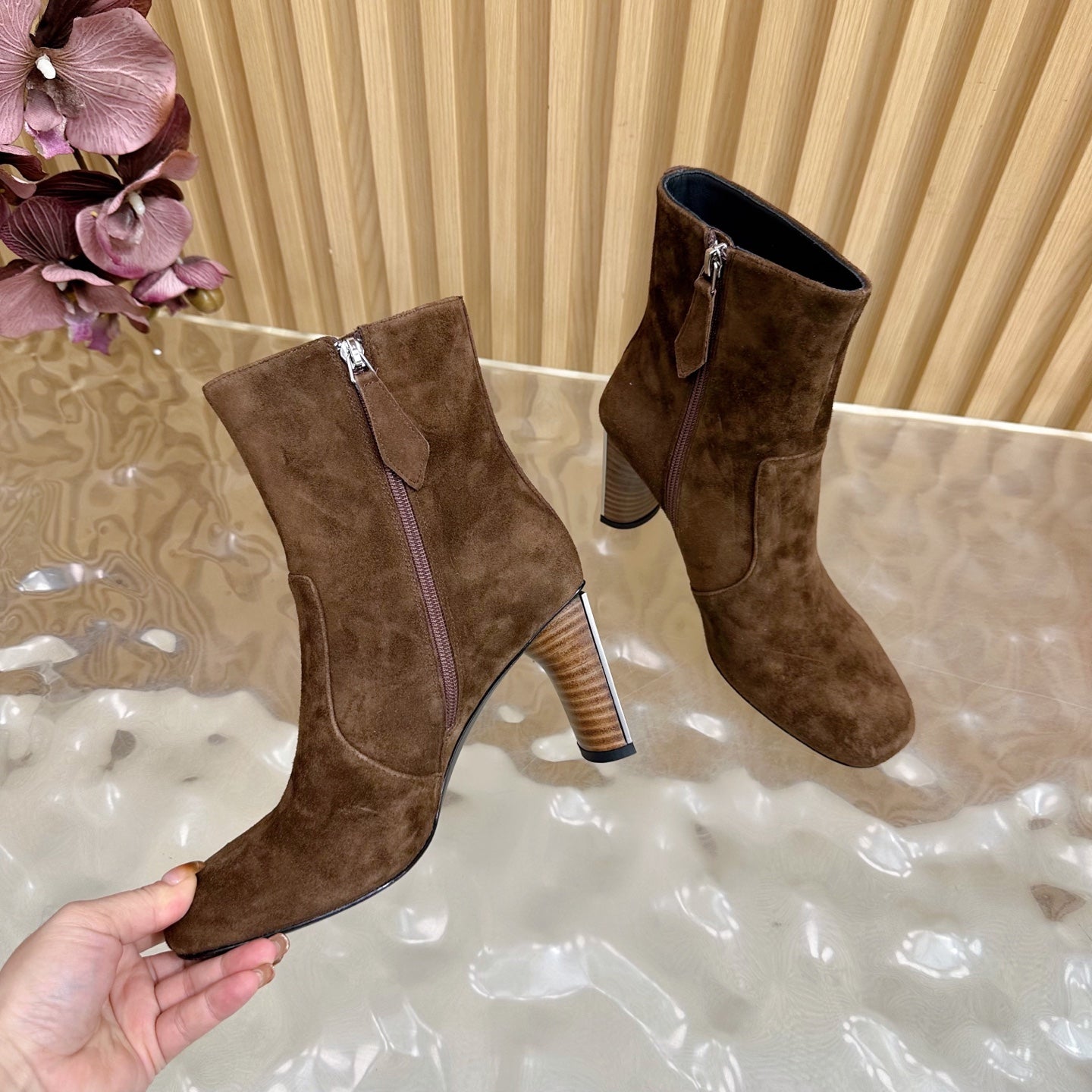 HERMES 25S ANKLE BOOTS 70 MM IN BROWN SUEDE