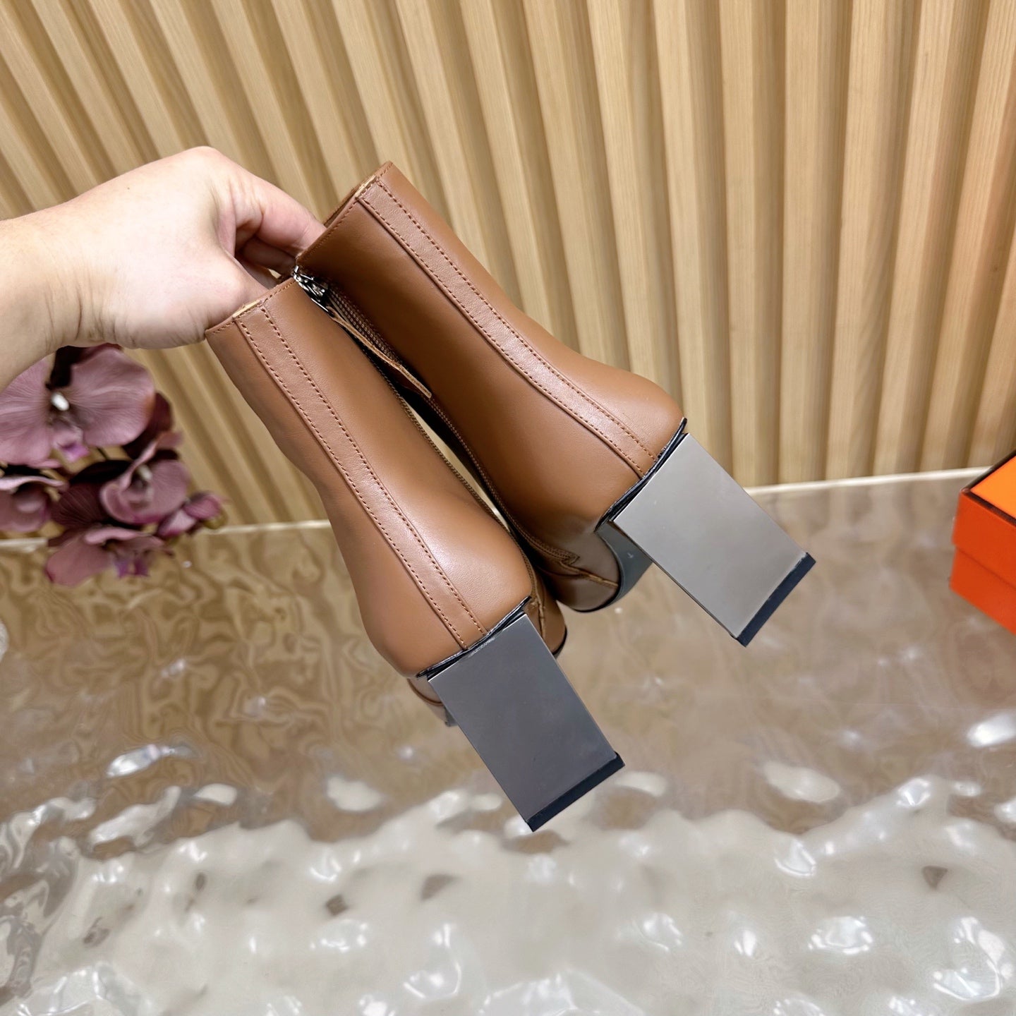 HERMES 25S ANKLE BOOTS 70 MM IN BROWN LAMBSKIN