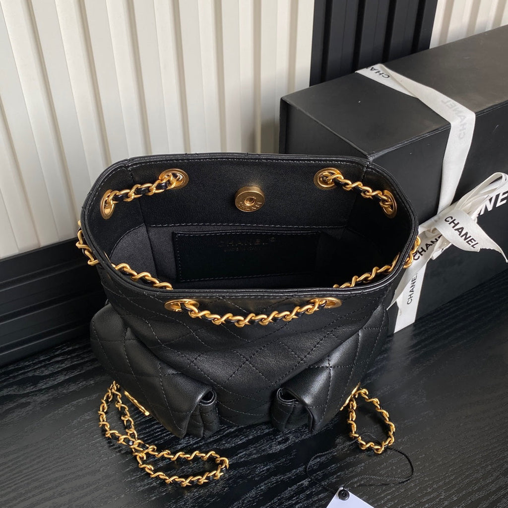 CHANEL BUCKET BACKPACK 24 IN BLACK LAMBSKIN GOLD HARDWARE