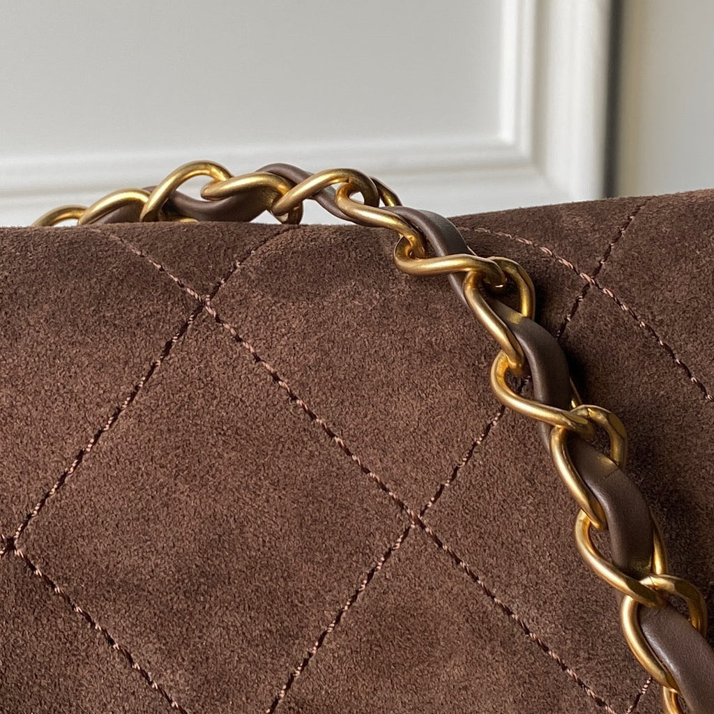 CHANEL 25S SHOULDER BAG 30 IN DARK BROWN SUEDE WITH GOLD HARDWARE