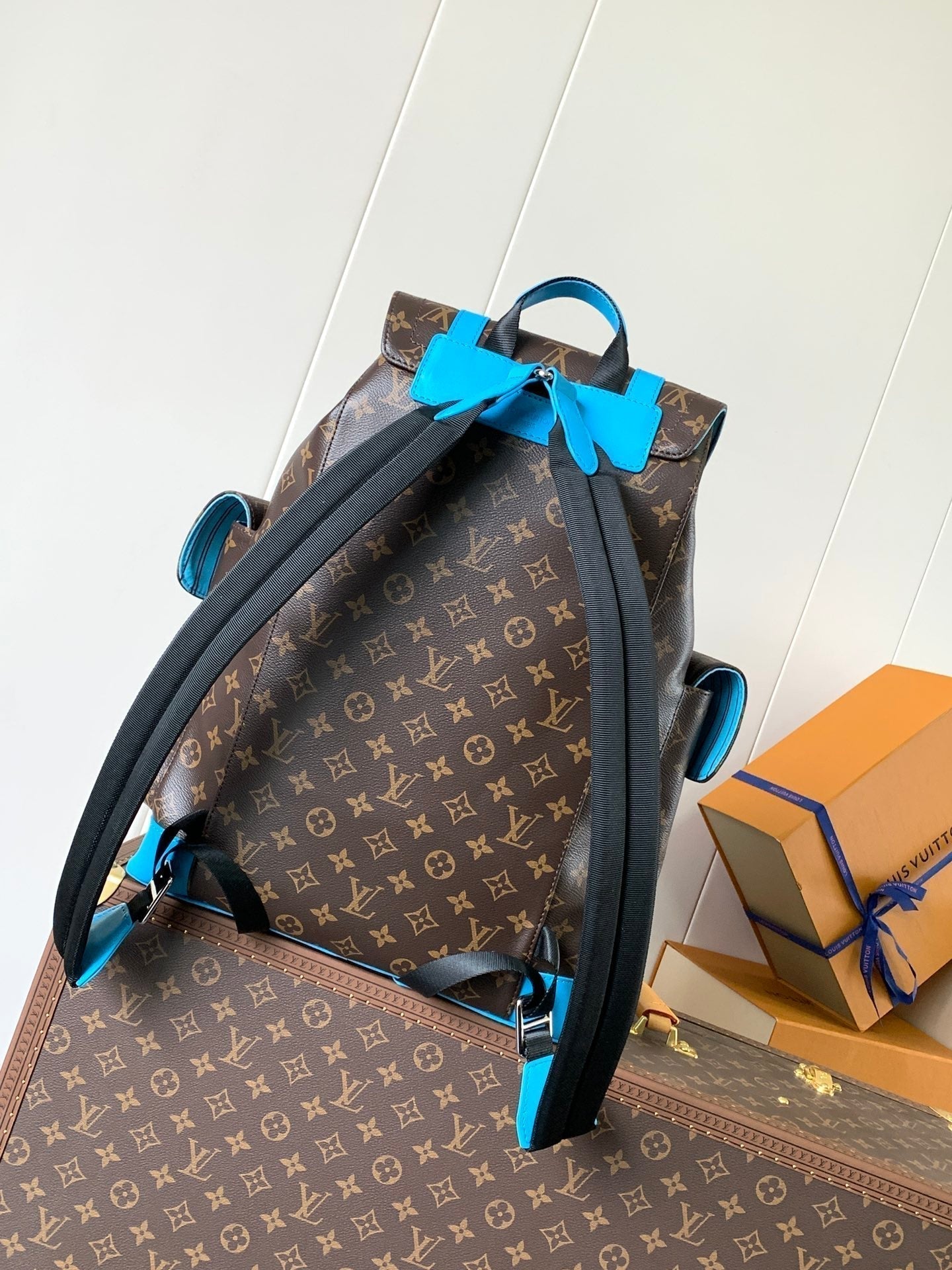 LOUIS VUITTON LV 25S CHRISTOPHER BACKPACK 48 IN BROWN AND CAPRI BLUE CANVAS MONOGRAM
