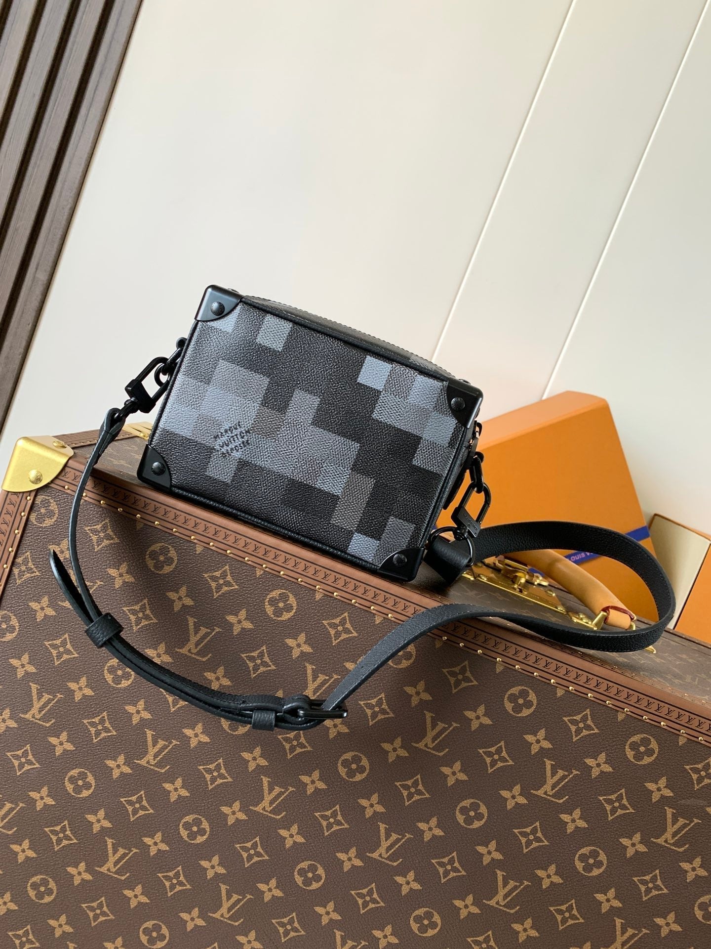 LOUIS VUITTON LV 25S MINI SOFT TRUNK BOX BAG 18 IN DAMOFLAGE BLACK CANVAS AND CALFSKIN