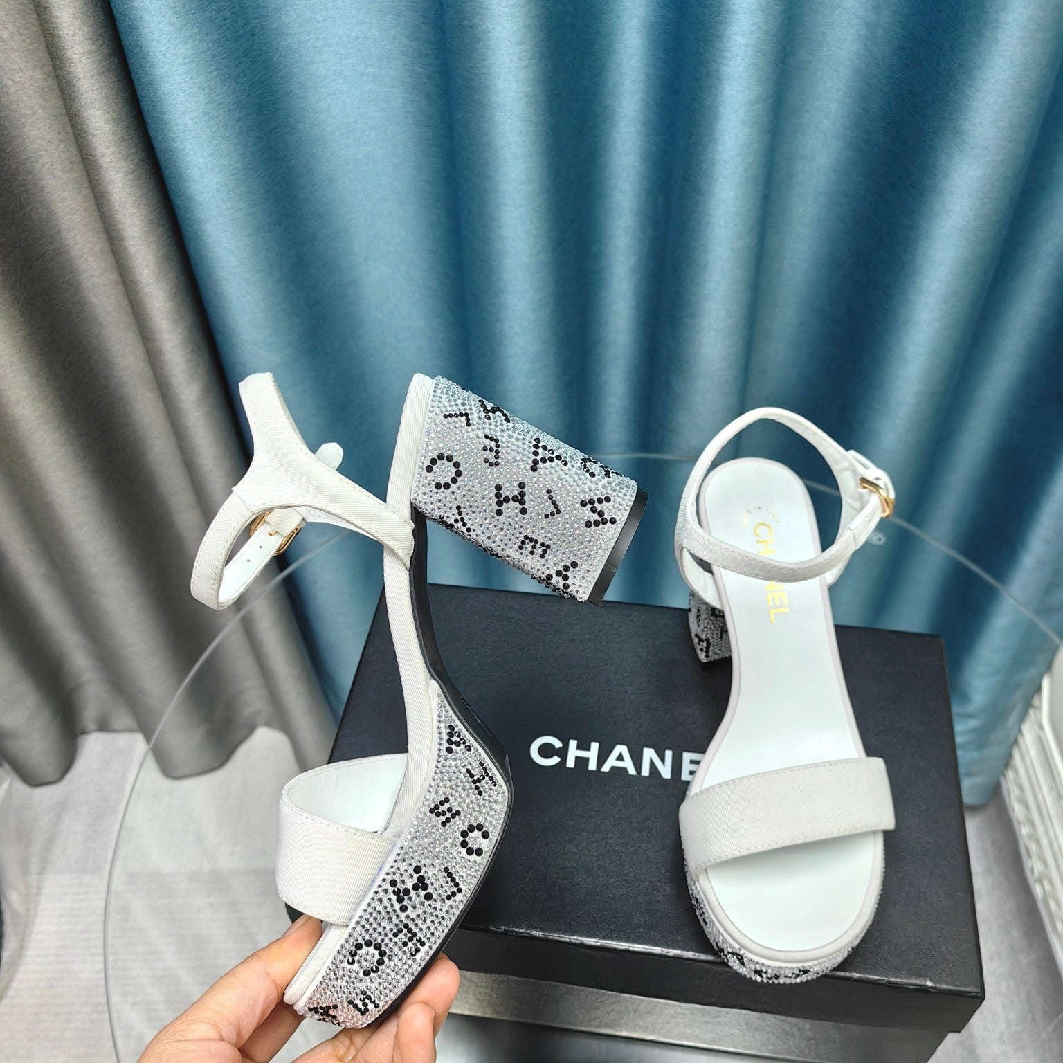 CHANEL Chunky Heel Rhinestone High Sandals White Lambskin
