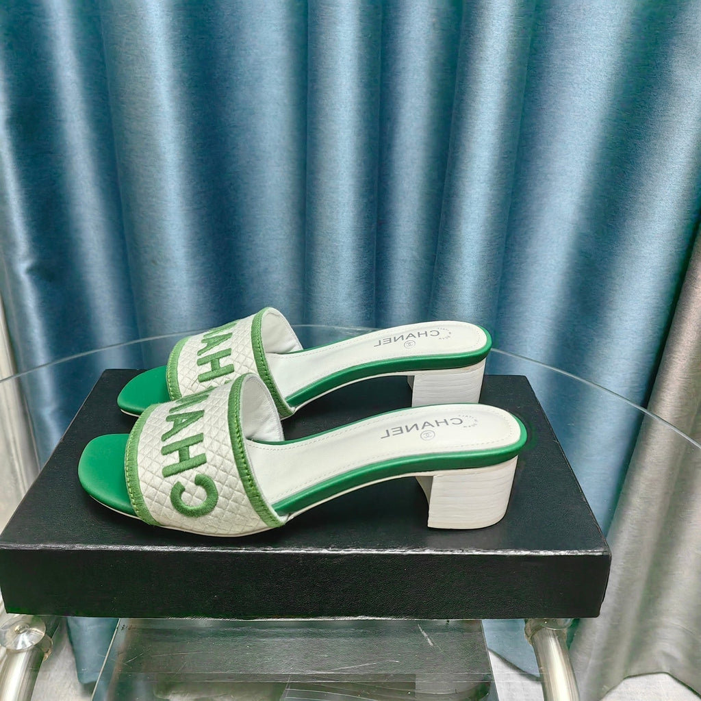 CHANEL MULE SANDAL 45 WHITE MIX LIGHT GREEN FABRIC EMBROIDERY