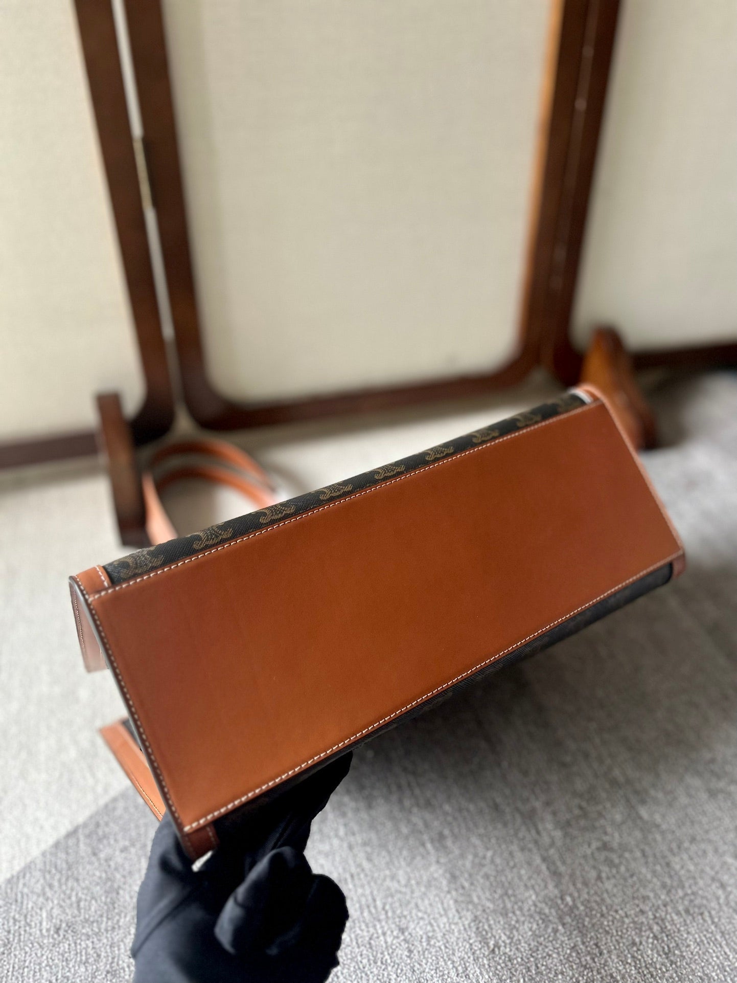 CELINE CABAS 37 IN BLACK TRIOMPHE CANVAS AND BRONZE BROWN CALFSKIN TRIM GOLD LOCK