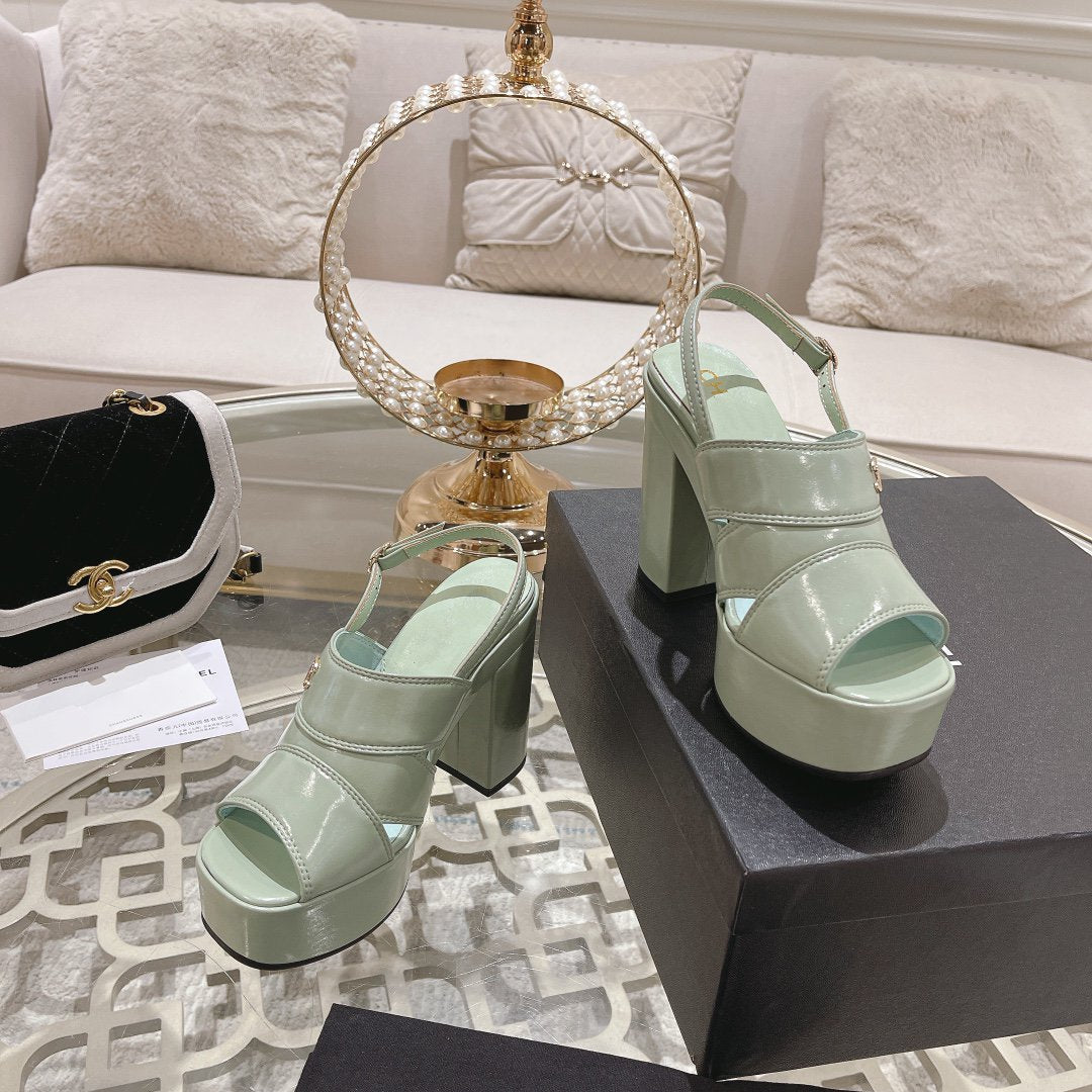 CHANEL sandals light turquoise patent crumpled lambskin
