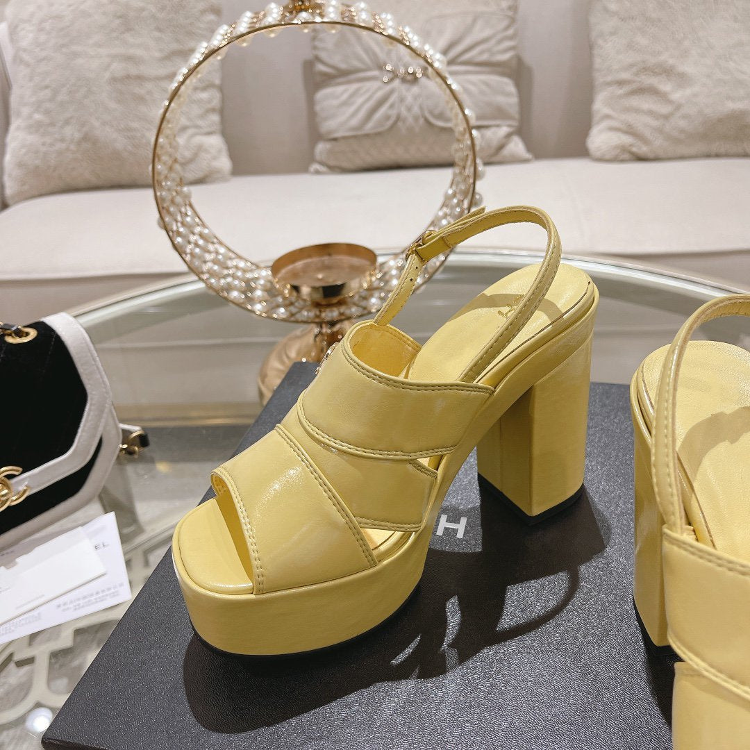 CHANEL sandals yellow patent crumpled lambskin