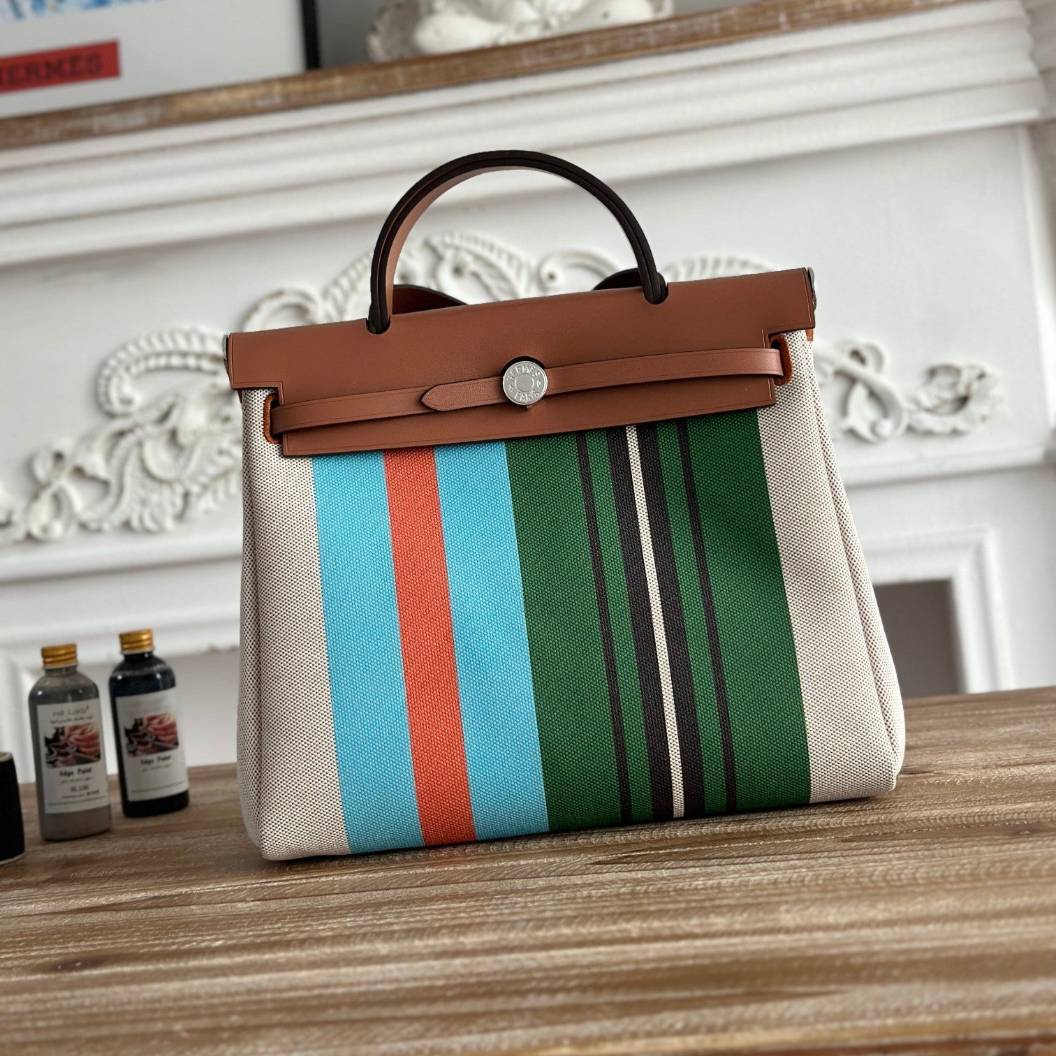 HERMES HERBAG ZIP 31 LAQUERED BAG IN GREEN MIX BLUE H PLUME CANVAS