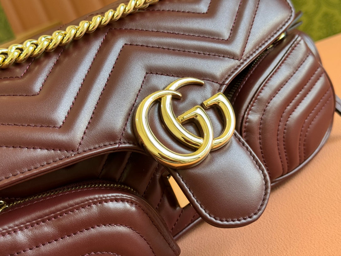 GUCCI MARMONT SMALL MULTI-POCKET BAG 25 IN CURRANT RED CALFSKIN GOLD HARDWARE