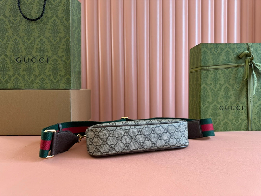 GUCCI OPHIDIA SMALL SHOULDER BAG 25 IN BEIGE EBONY CANVAS AND DARK BROWN LAMBSKIN GOLD HARDWARE