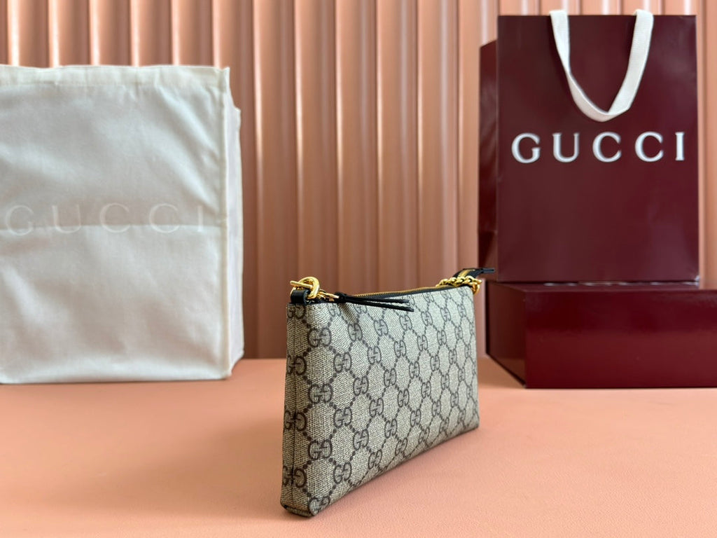 GUCCI RUBBER EFFECT SMALL WALLET ON CHAIN 22.5 IN BEIGE AND DARK BROWN  CALFSKIN