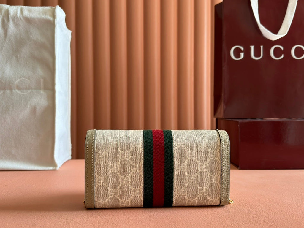 GUCCI OPHIDIA WALLET ON GOLD CHAIN 19 IN LIGHT BEIGE  CANVAS AND LIGHT BROWN CALFSKIN