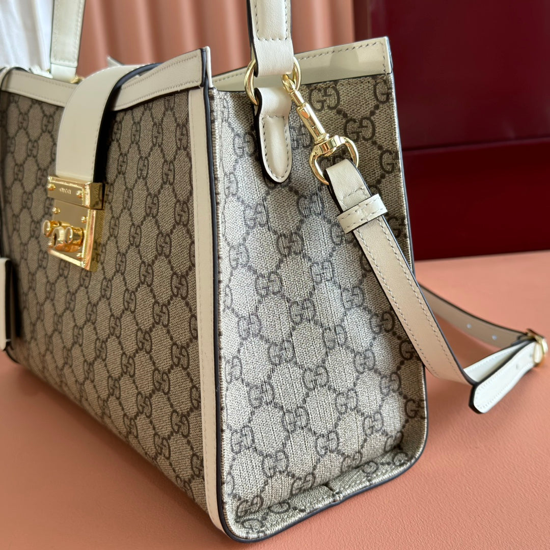 GUCCI 26S PADLOCK SHOULDER BAG 29 IN DARK BEIGE AND WHITE CALFSKIN
