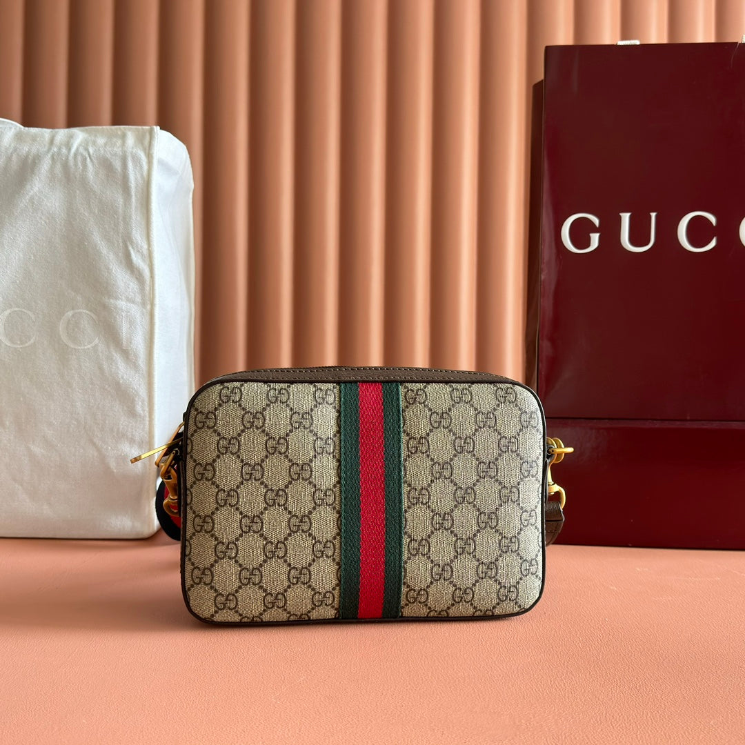 GUCCI OPHIDIA SMALL CROSSBODY BAG 24 IN BEIGE CANVAS AND BROWN CALFSKIN