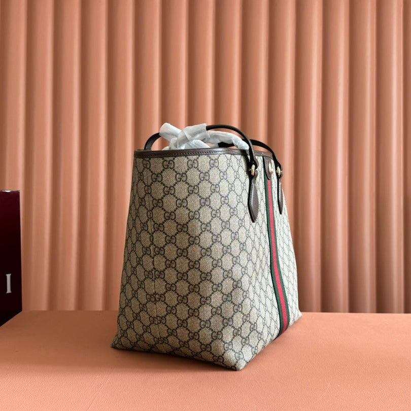 GUCCI OPHIDIA MEDIUM TOTE BAG 31 BEIGE AND DARK BROWN CANVAS