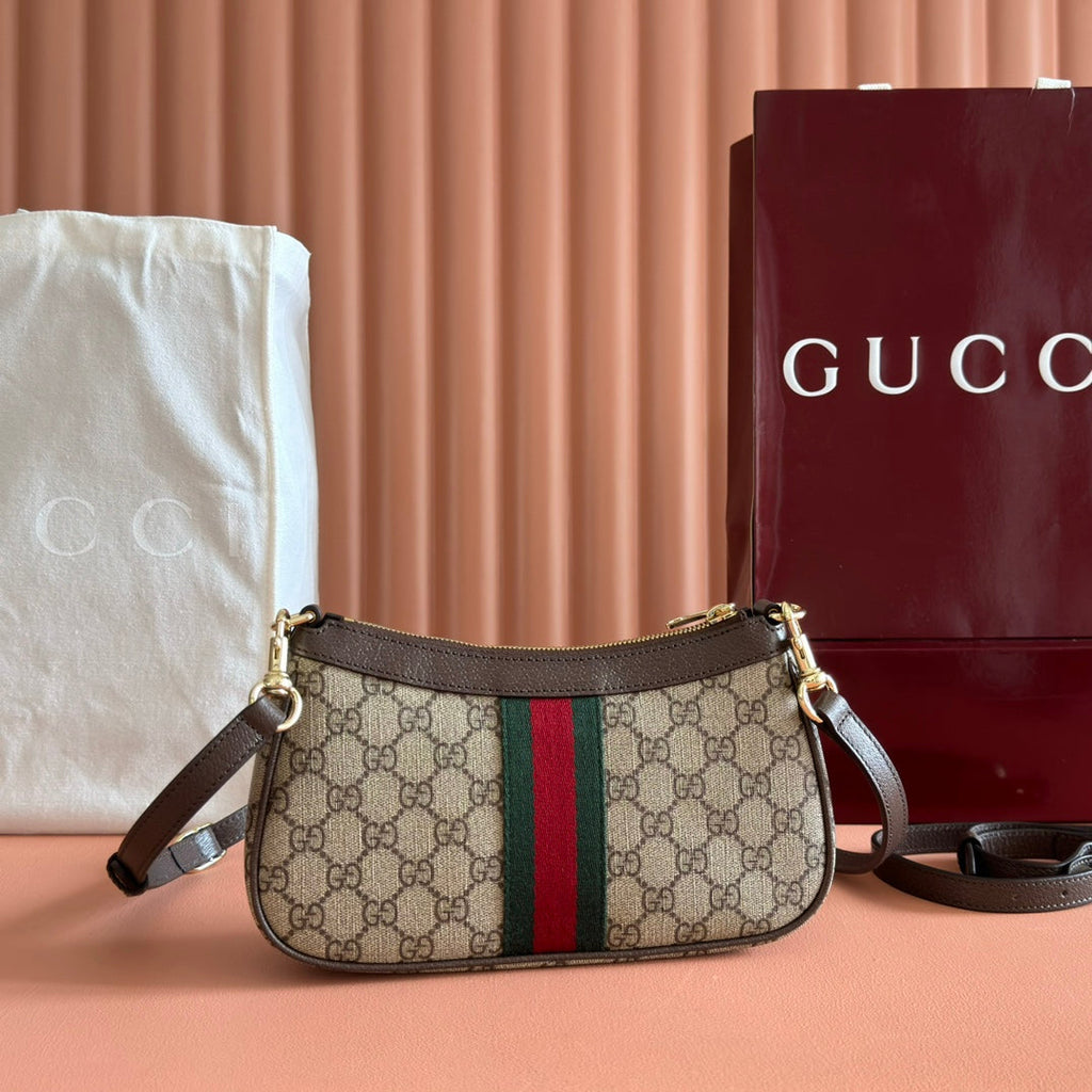 GUCCI OPHIDIA SMALL SHOULDER BAG 26 IN BEIGE AND DARK BROWN CANVAS