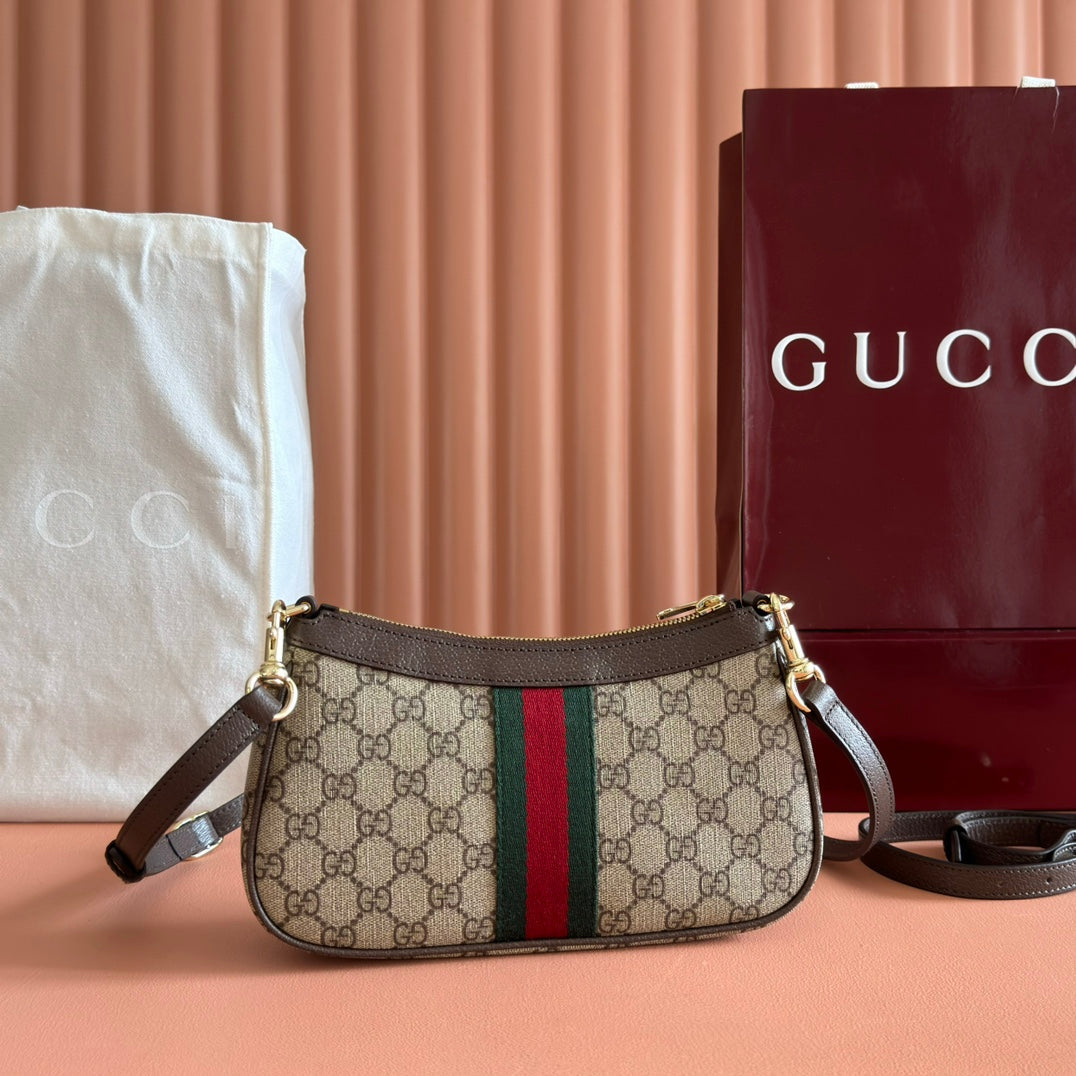 GUCCI OPHIDIA SMALL SHOULDER BAG 26 IN BEIGE AND DARK BROWN CANVAS