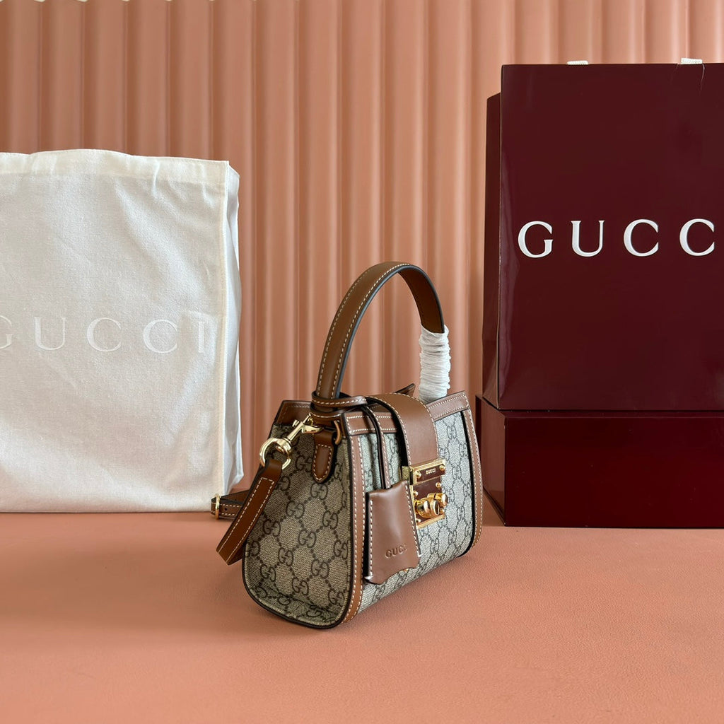 GUCCI 26S PADLOCK TOP HANDLE BAG 31 IN DARK BEIGE AND BROWN CALFSKIN