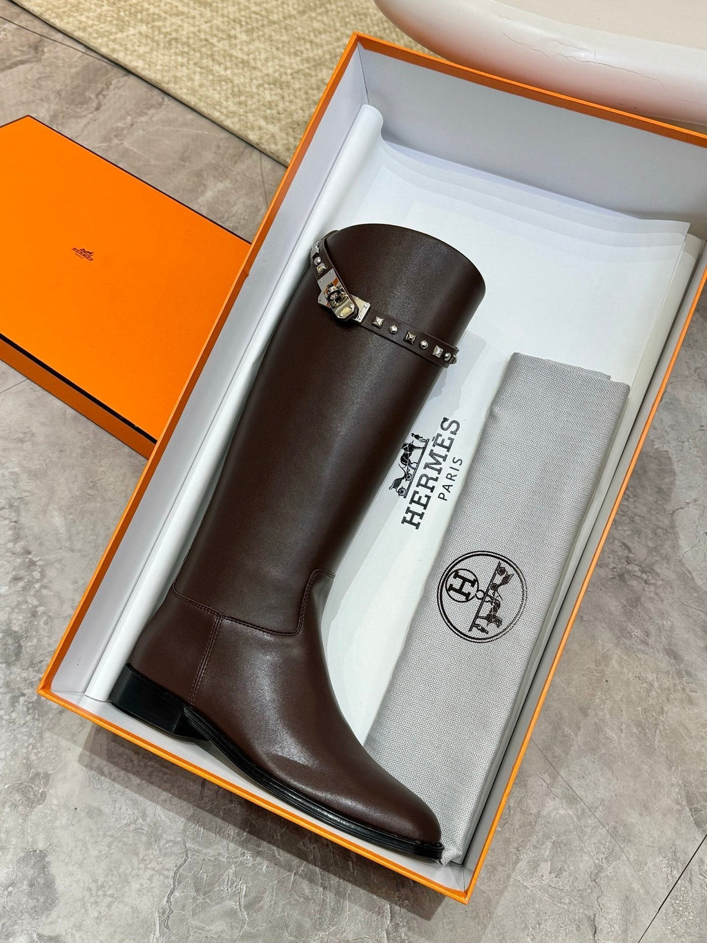 HERMES 25S KNEE-HIGH FLAT BOOTS IN DARK BROWN LAMBSKIN WITH SILVER HARDWARE