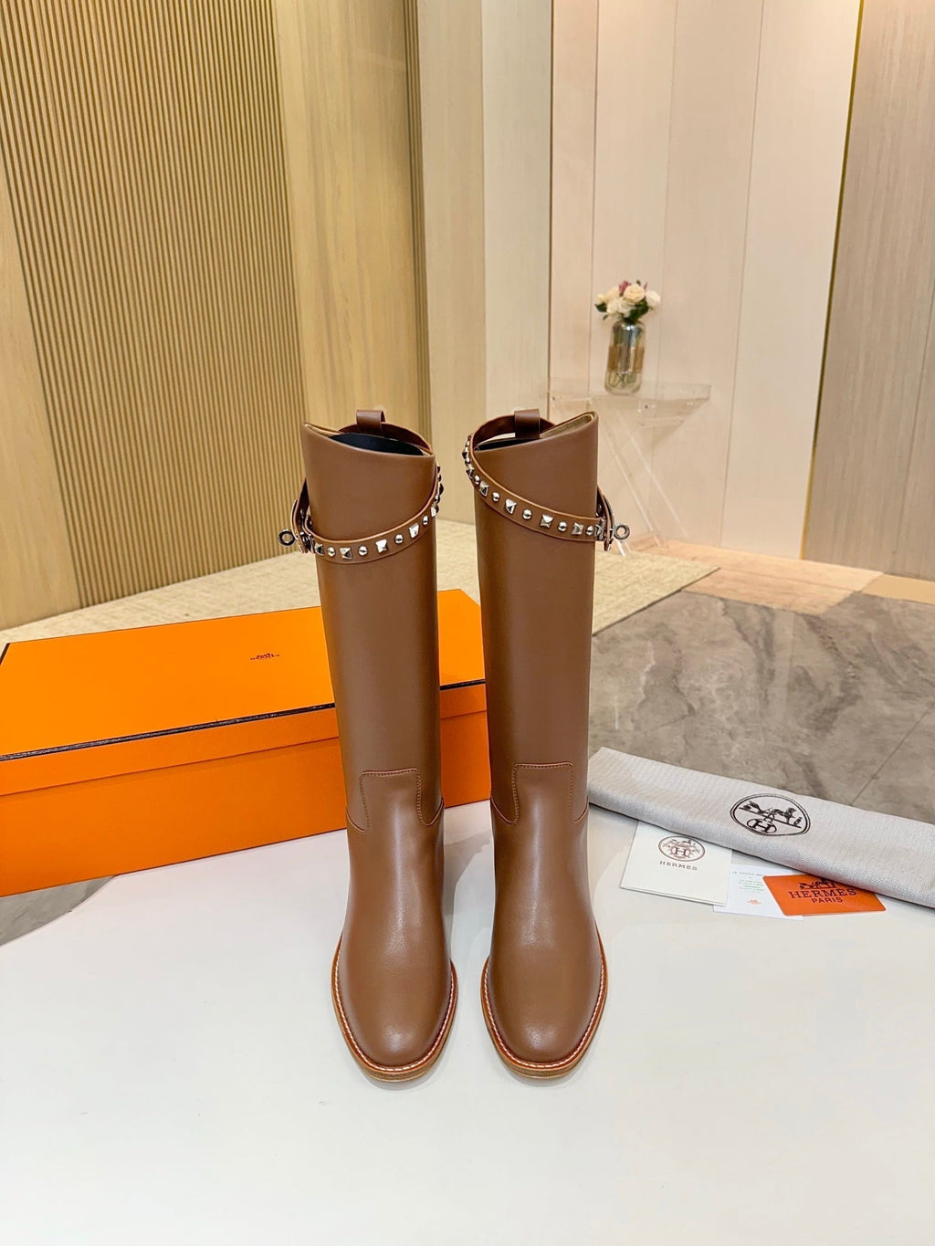 HERMES 25S KNEE-HIGH FLAT BOOTS IN BROWN LAMBSKIN WITH SILVER HARDWARE