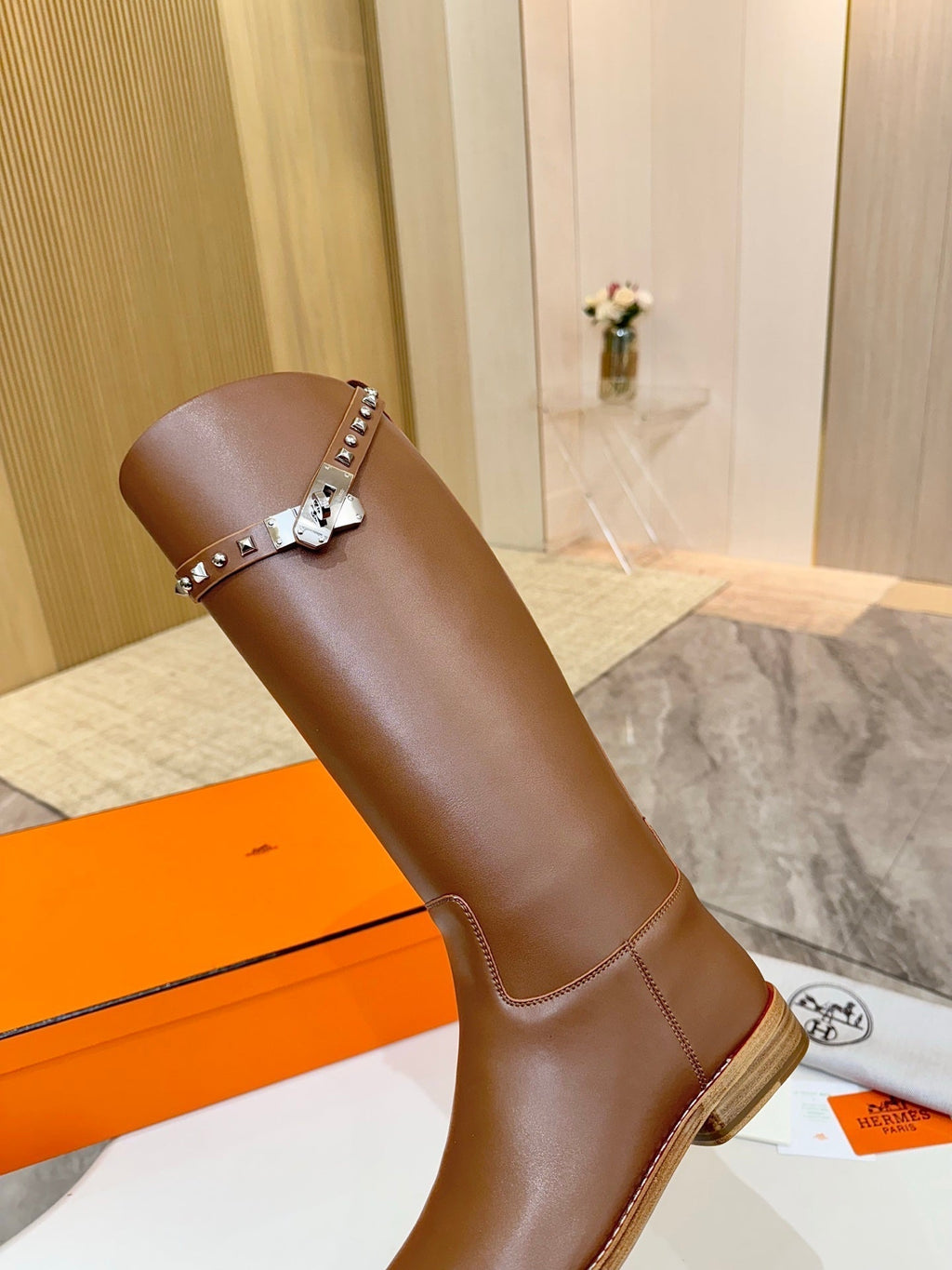 HERMES 25S KNEE-HIGH FLAT BOOTS IN BROWN LAMBSKIN WITH SILVER HARDWARE