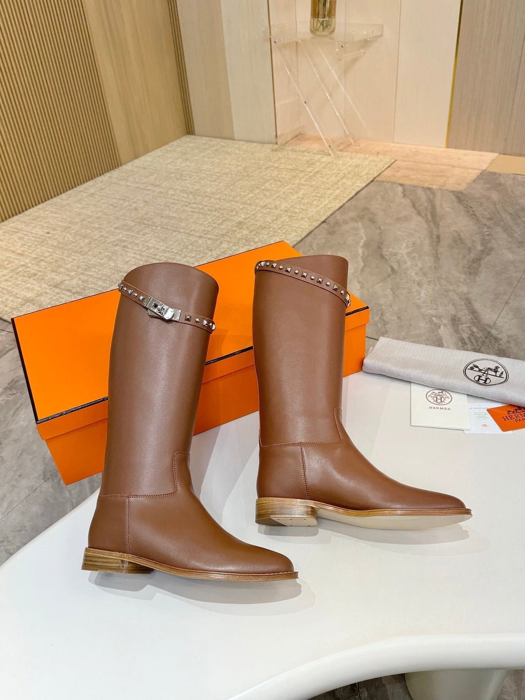 HERMES 25S KNEE-HIGH FLAT BOOTS IN BROWN LAMBSKIN WITH SILVER HARDWARE