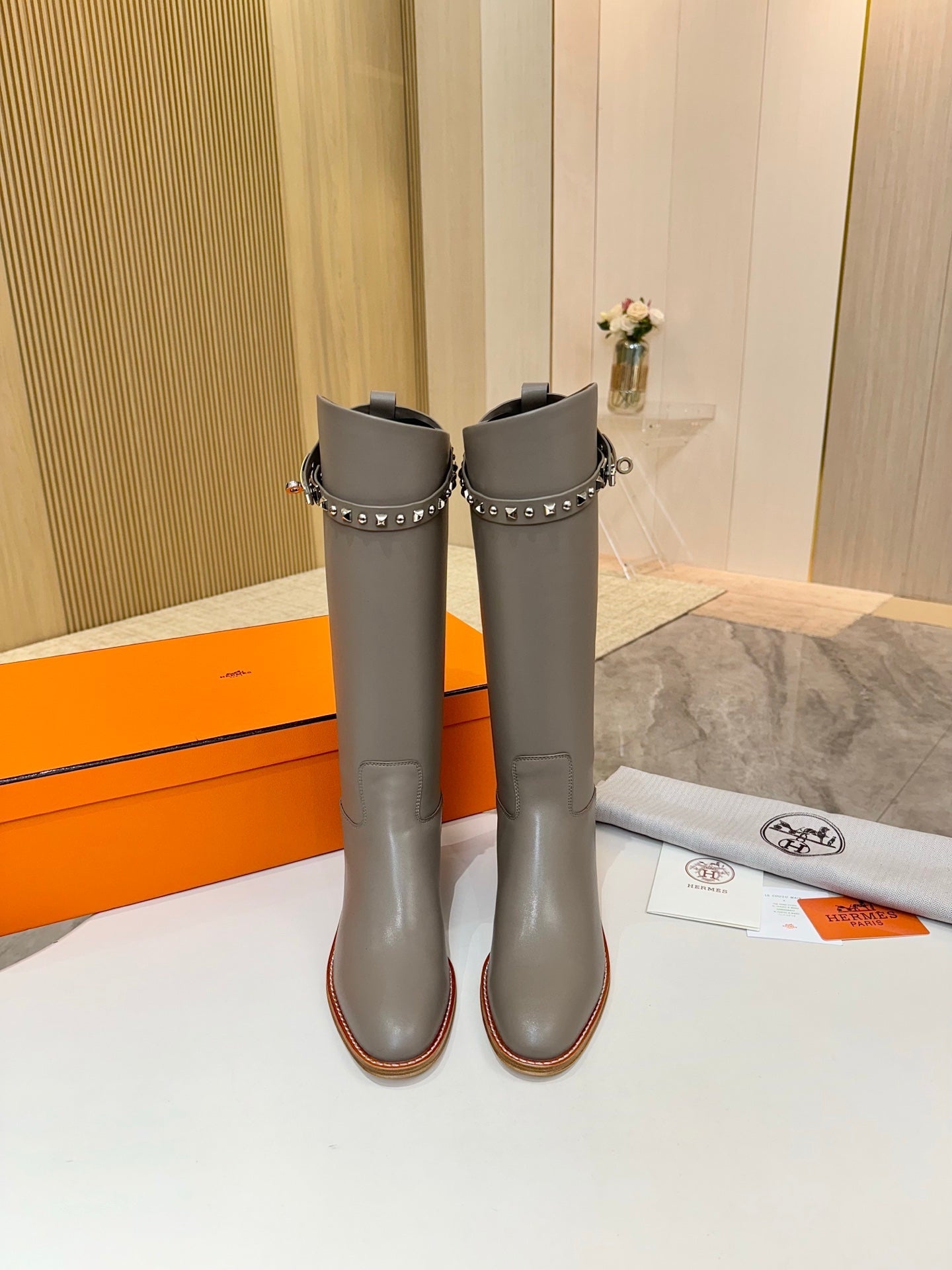 HERMES 25S KNEE-HIGH FLAT BOOTS IN GREY LAMBSKIN WITH SILVER HARDWARE