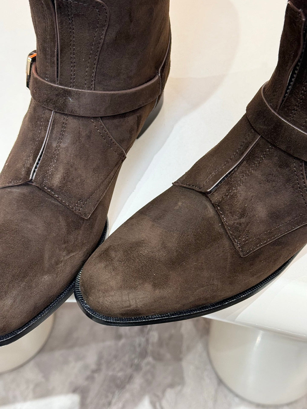 HERMES 25S RIDING BOOTS IN DARK COFFEE BROWN SUEDE WITH SILVER HARDWARE