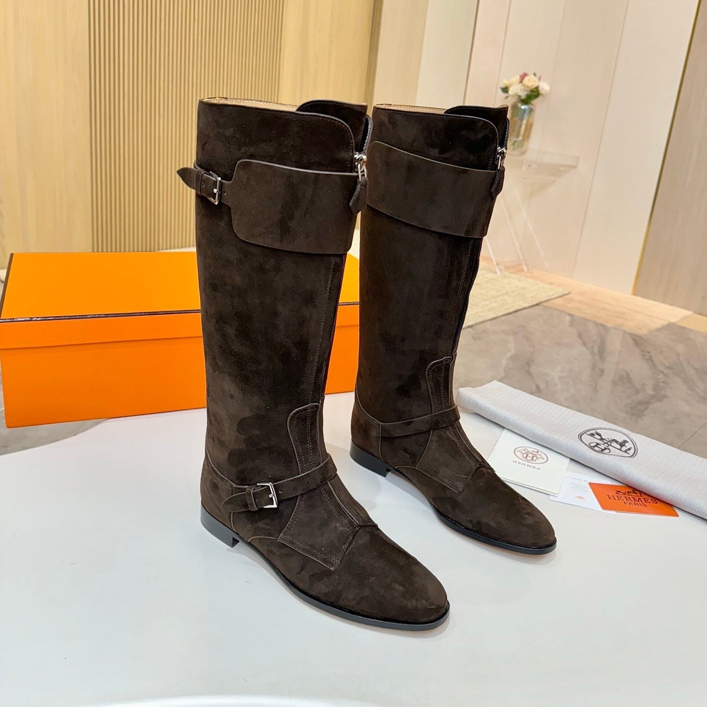 HERMES 25S RIDING BOOTS IN DARK COFFEE BROWN SUEDE WITH SILVER HARDWARE