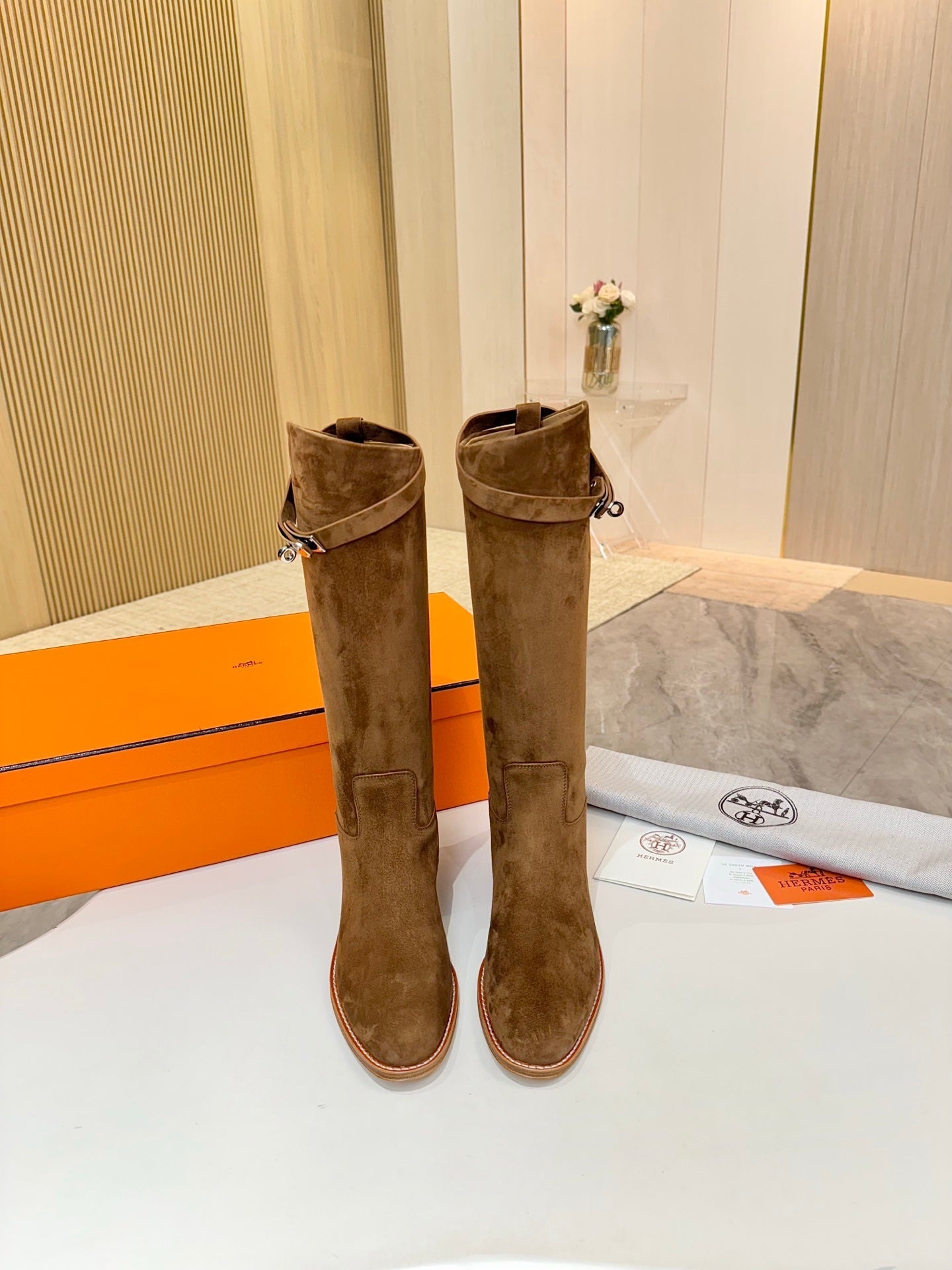 HERMES 25S JUMPING KNEE-HIGH BOOTS IN BROWN SUEDE WITH SILVER HARDWARE