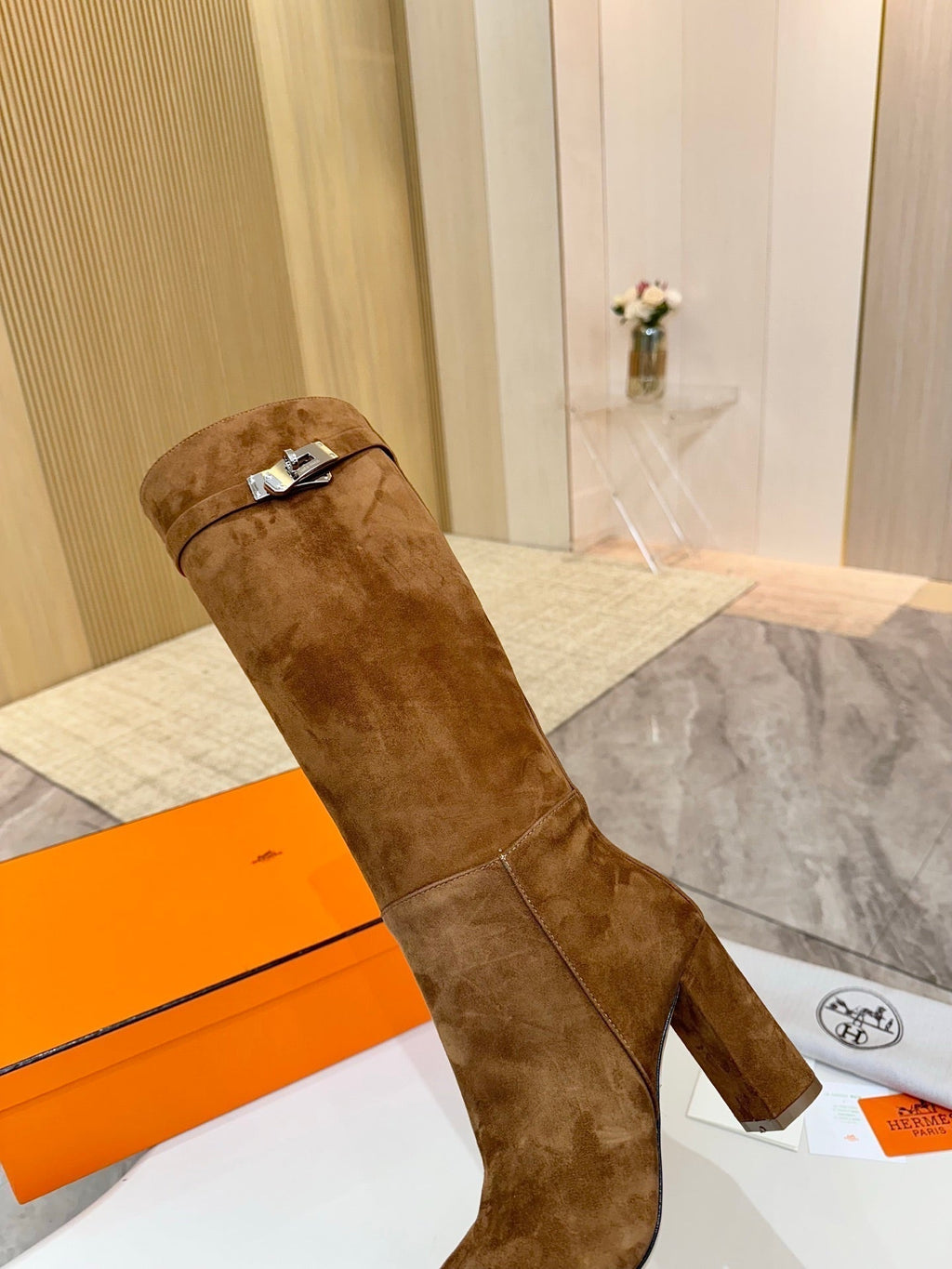 HERMES 25S KELLY KNEE-HIGH BOOTS IN BROWN SUEDE WITH SILVER HARDWARE
