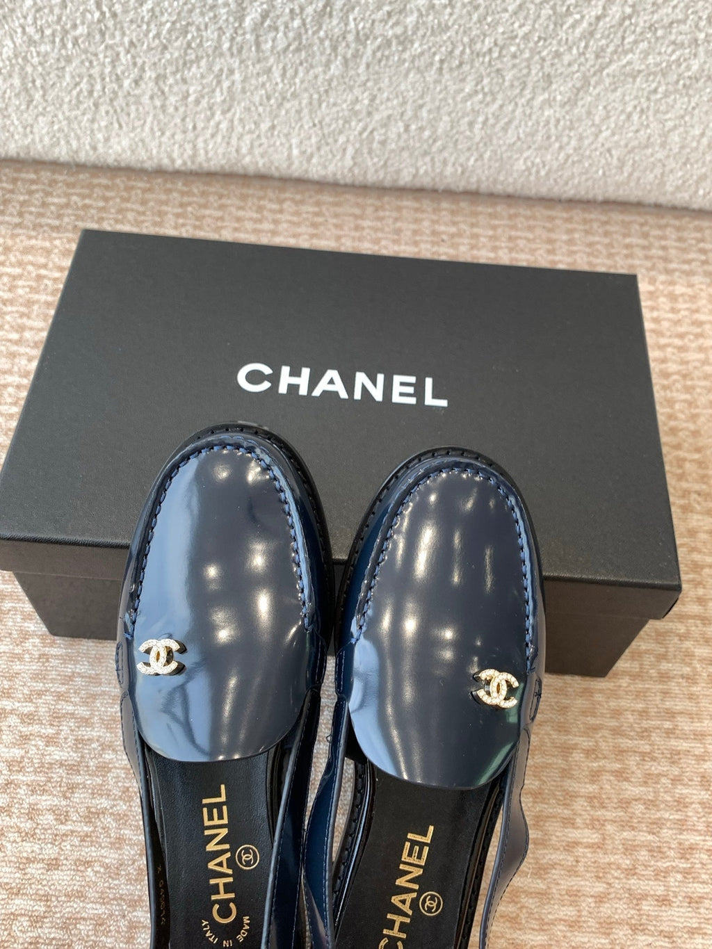 CHANEL MOASIN SLINGBACK IN AEGEAN BLUE PATENT CALFSKIN
