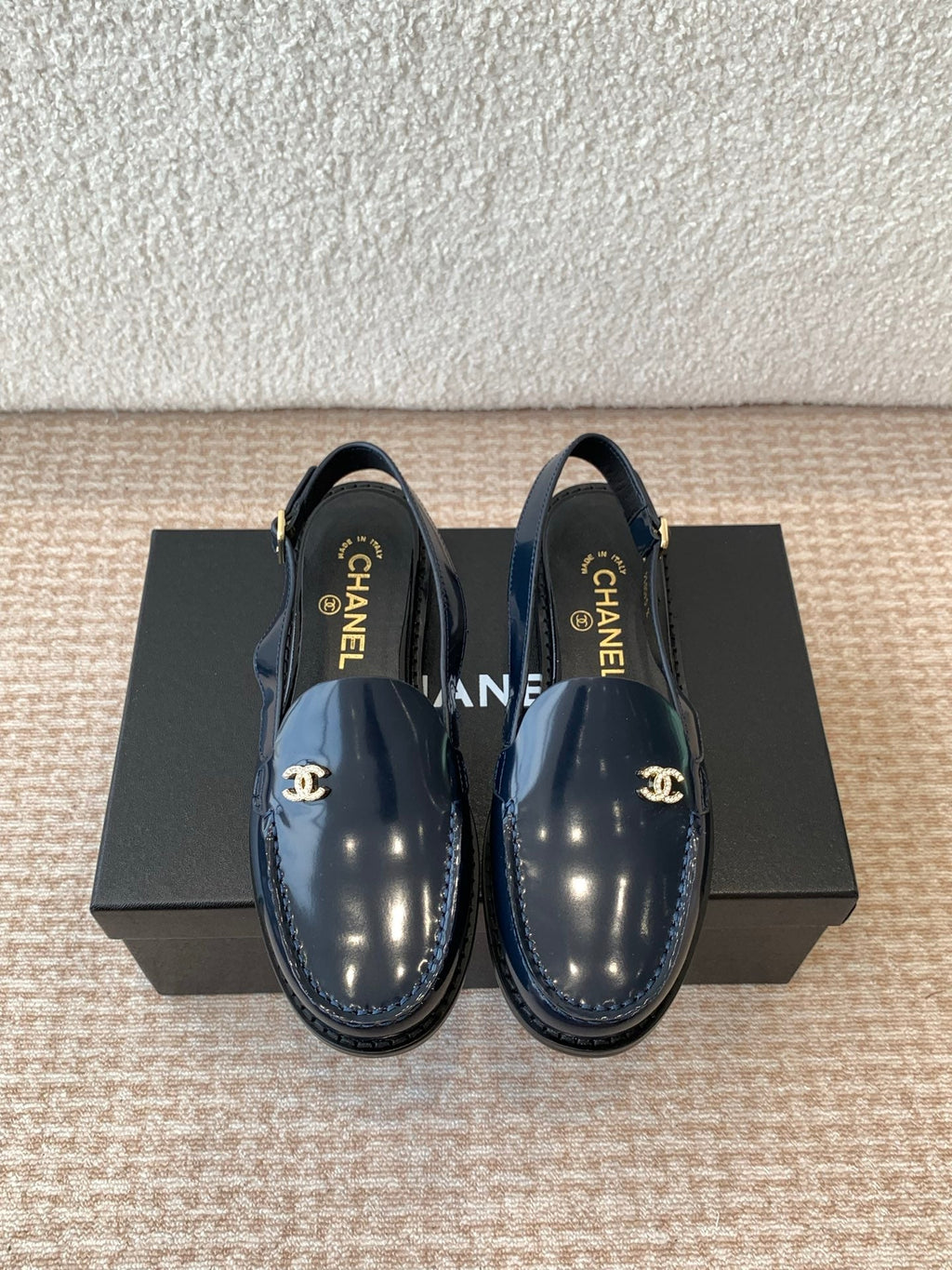 CHANEL MOASIN SLINGBACK IN AEGEAN BLUE PATENT CALFSKIN