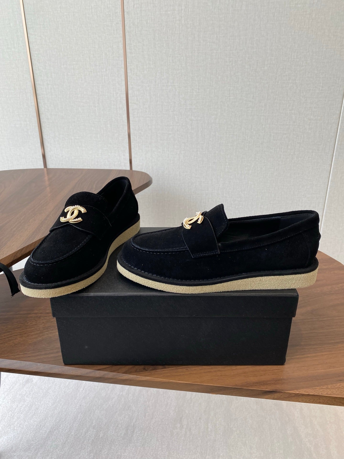 CHANEL LOAFERS IN BLACK SUEDE GOLD HARDWARE