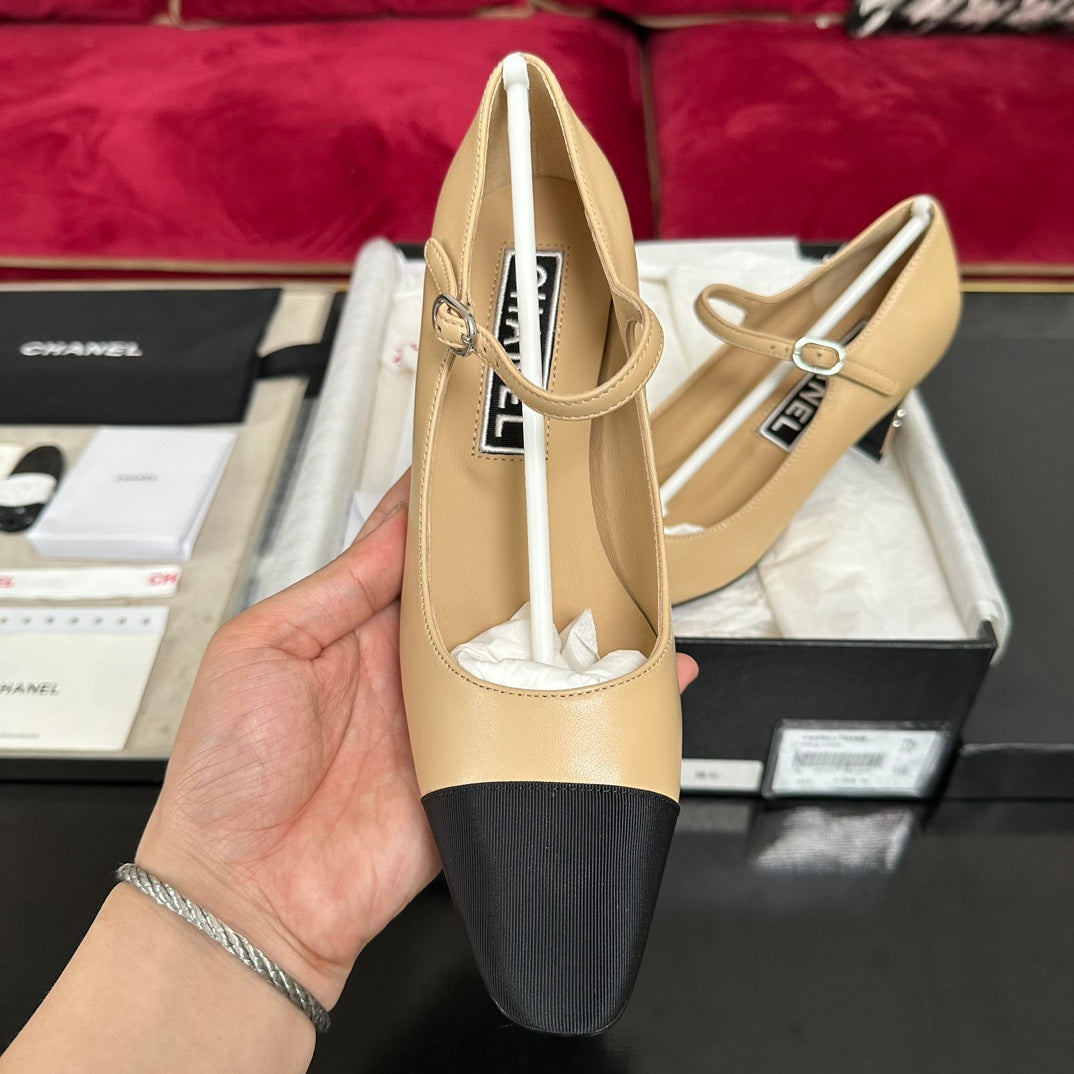 CHANEL HIGH MARY JANE IN DARK CREAM CALFSKIN AND BLACK SATIN
