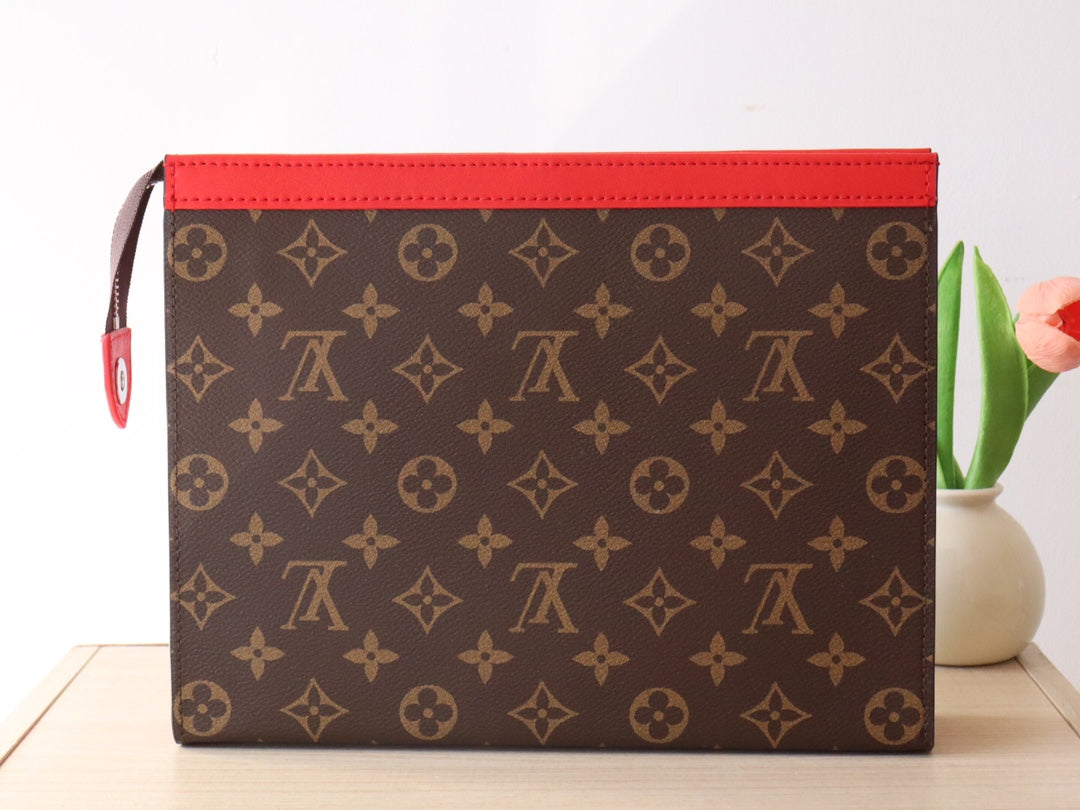 LOUIS VUITTON LV 25S POCHETTE VOYAGE 26 IN SARI RED MONOGRAM MACASSAR COATED CANVAS