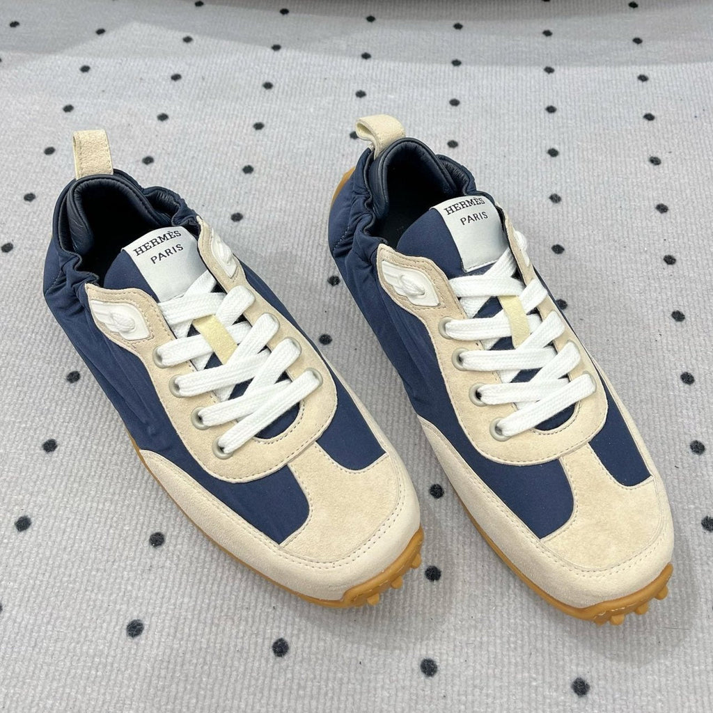 HERMES TRAIL SNEAKER IN IVORY TAN MIX SPACE BLUE SUEDE