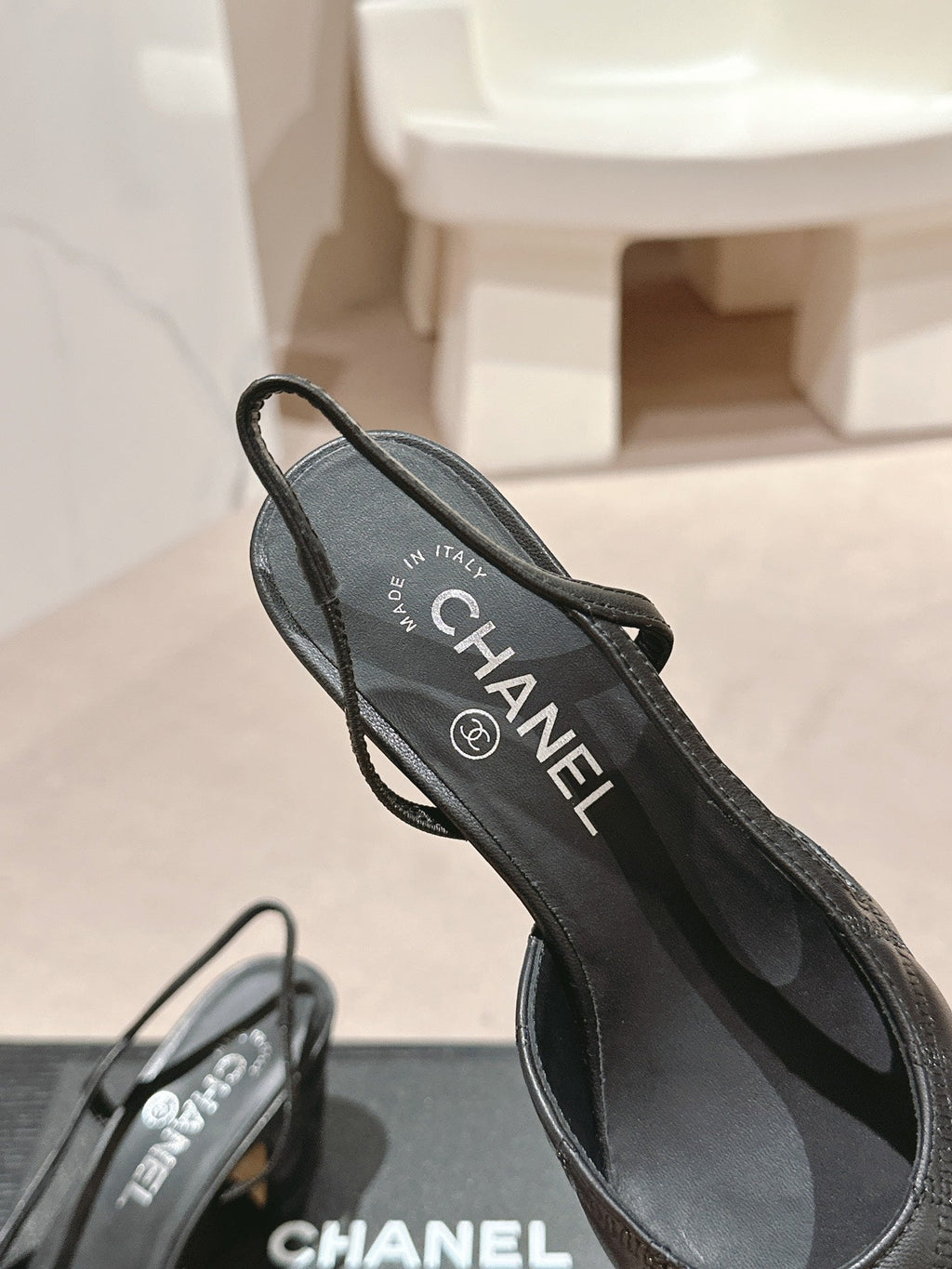 CHANEL HIGH SLINGBACKS IN BLACK LAMBSKIN AND SATIN