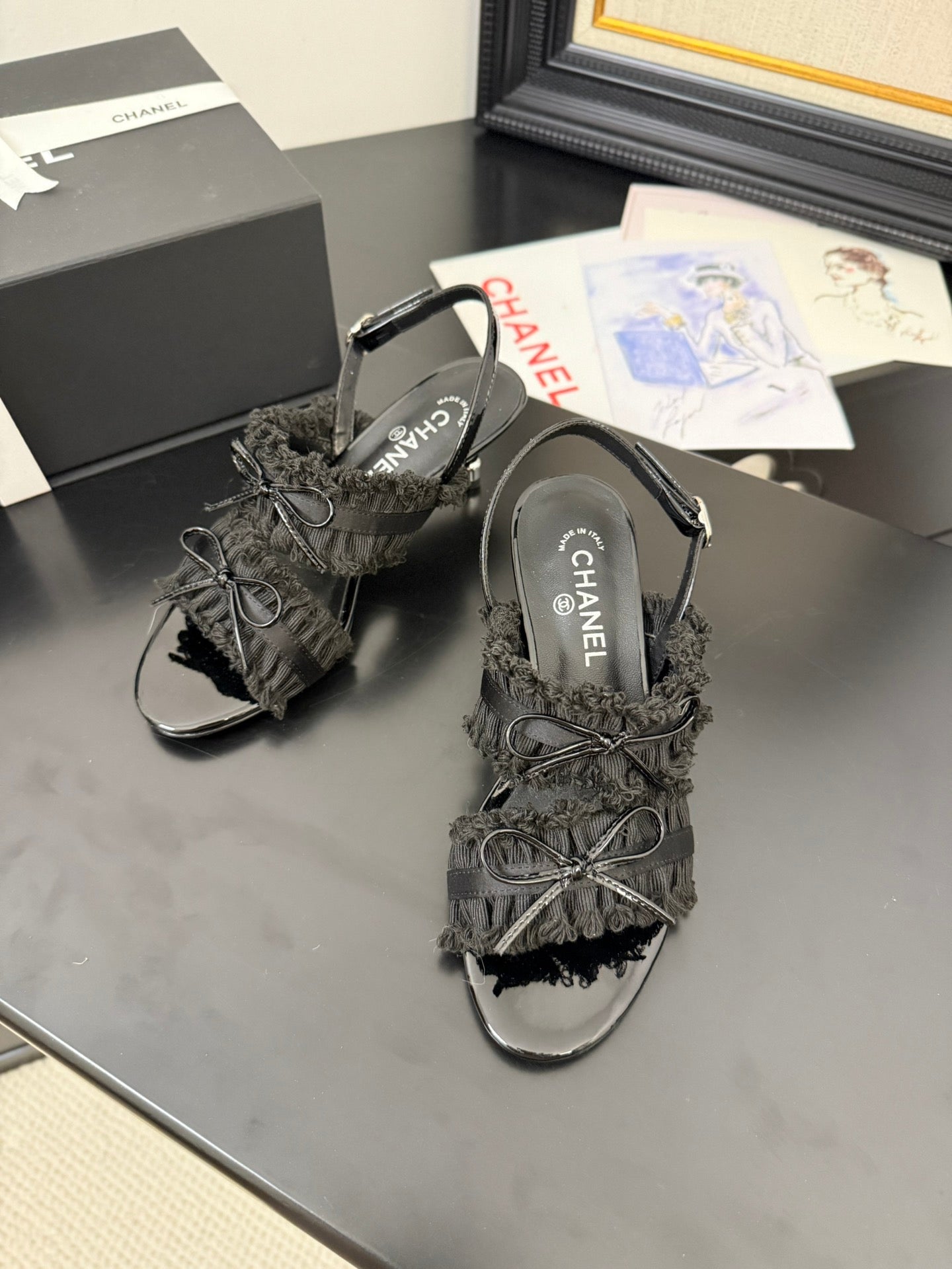 CHANEL BLACK GROSGRAIN CANVAS BOW SLINGBACK SANDALS 65 MM