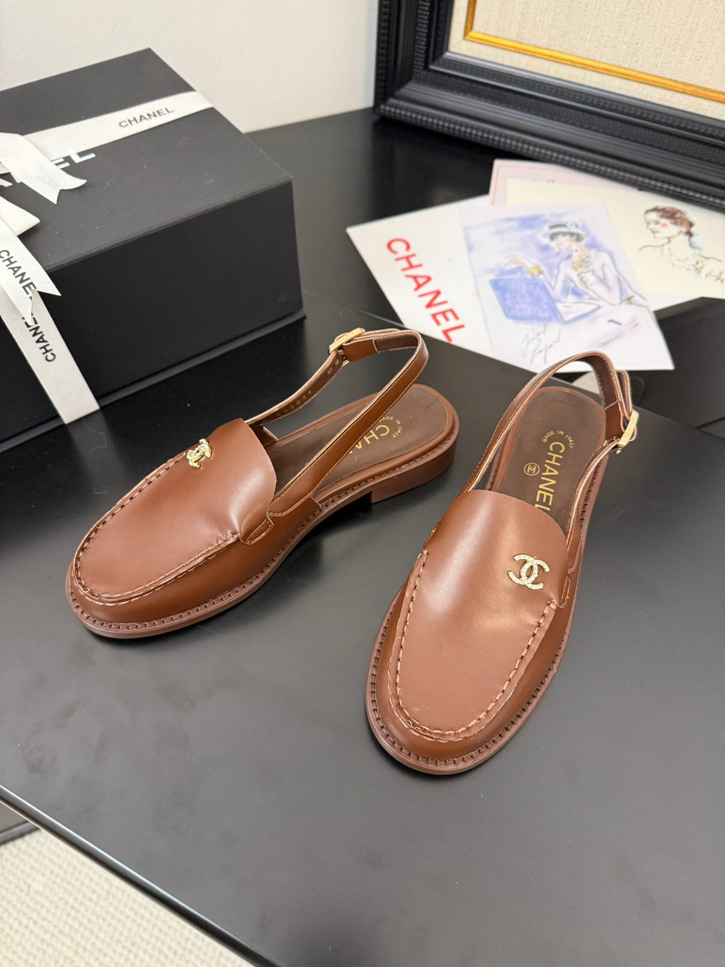 CHANEL 25C Slingback Loafer Brown Patent Leather