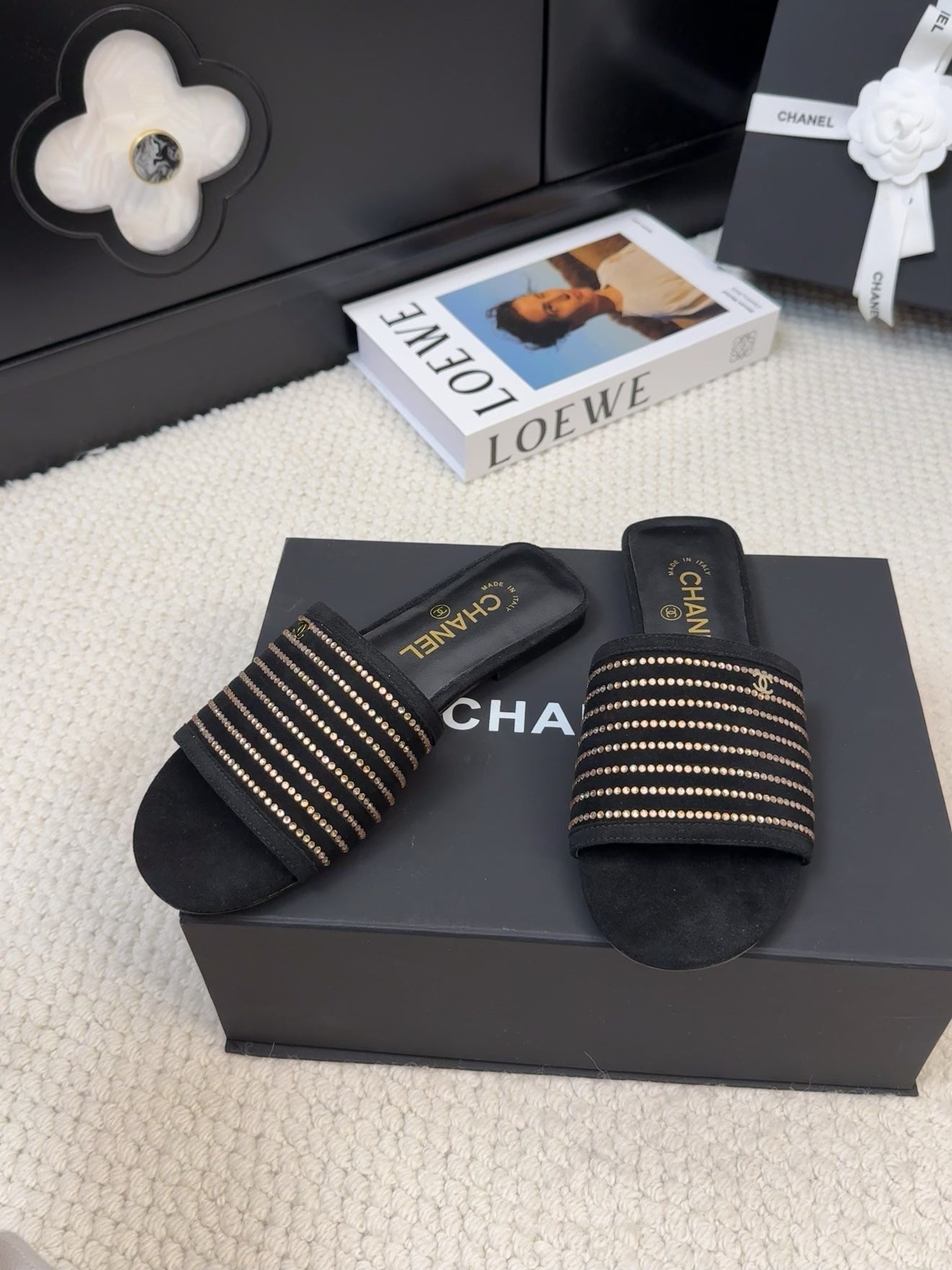 CHANEL FLAT SLIDE IN BLACK SUEDE WITH CRYSTALS