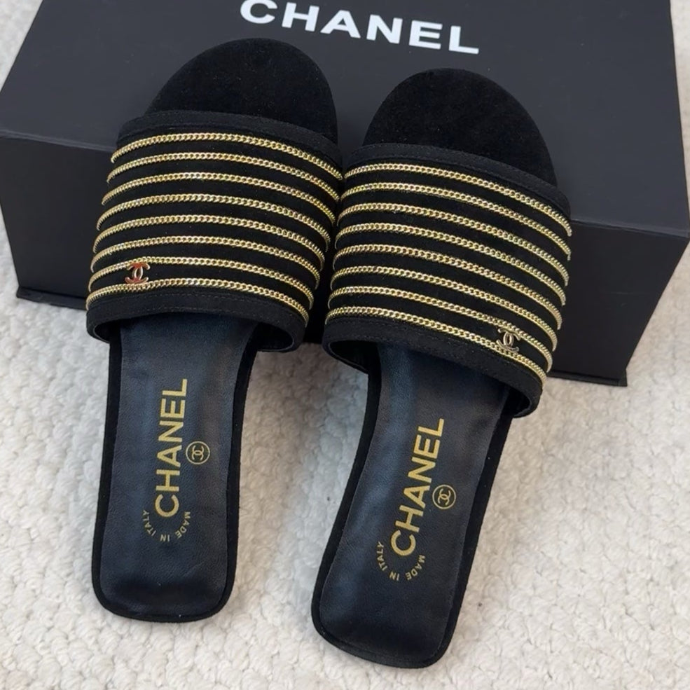 CHANEL FLAT SLIDE IN BLACK SUEDE WITH GOLD CRYSTALS