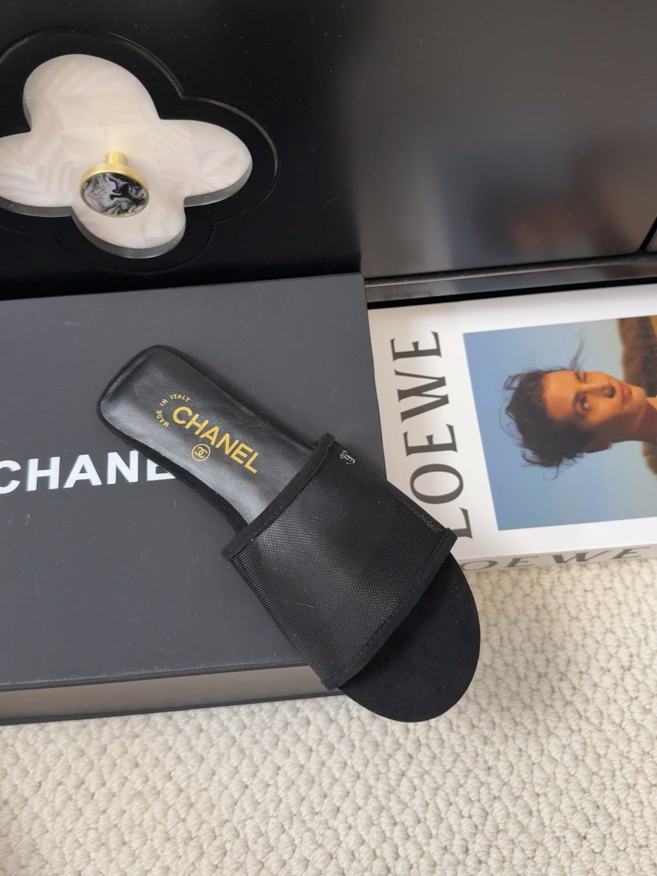 CHANEL FLAT SLIDE IN BLACK MESH AND SUEDE