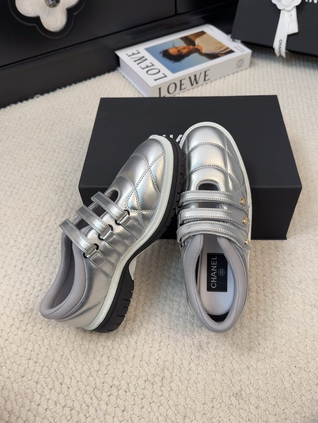 CHANEL SNEAKERS WITH THREE STRAPS IN SILVER CALFSKIN