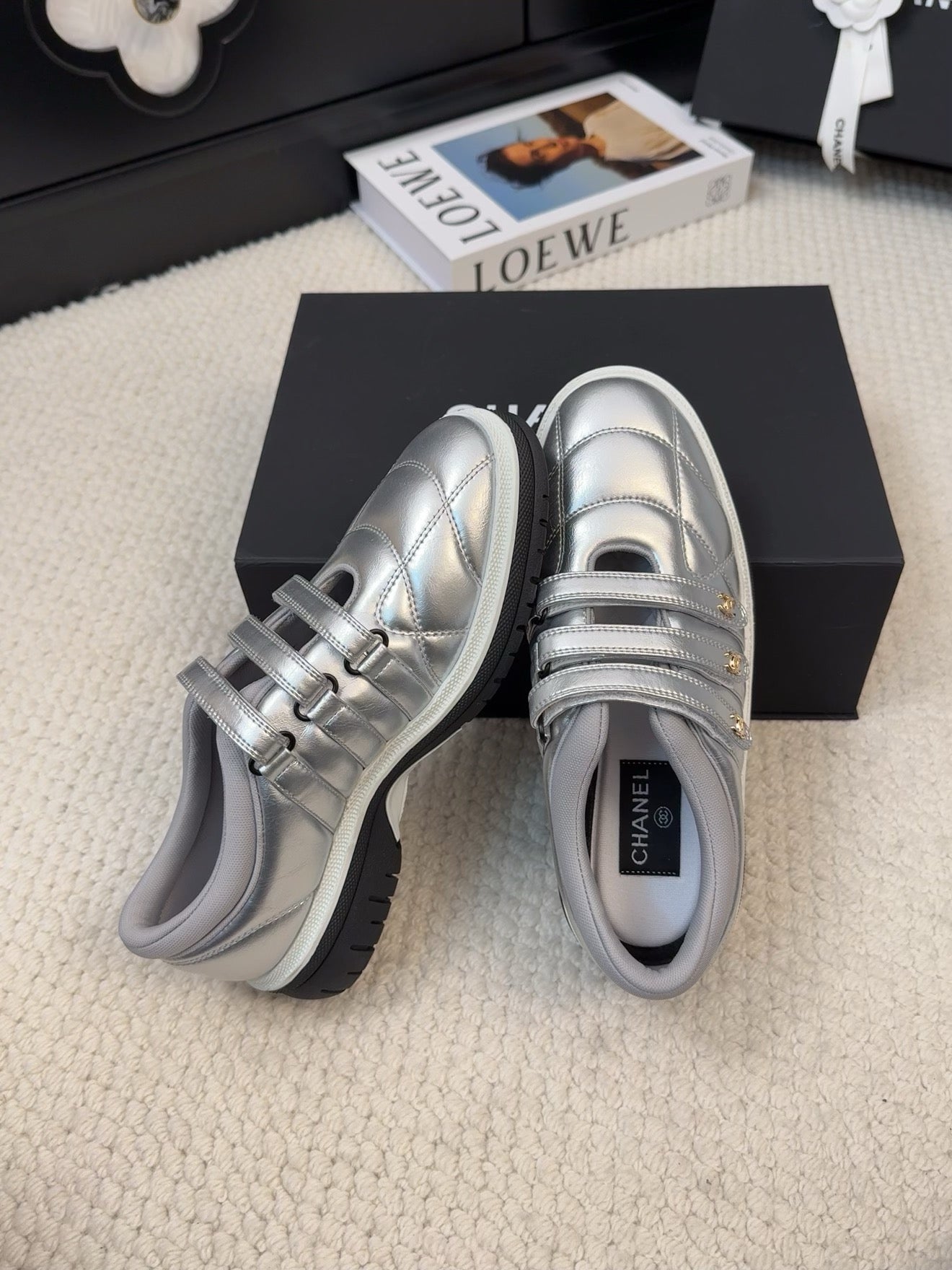CHANEL SNEAKERS WITH THREE STRAPS IN SILVER CALFSKIN