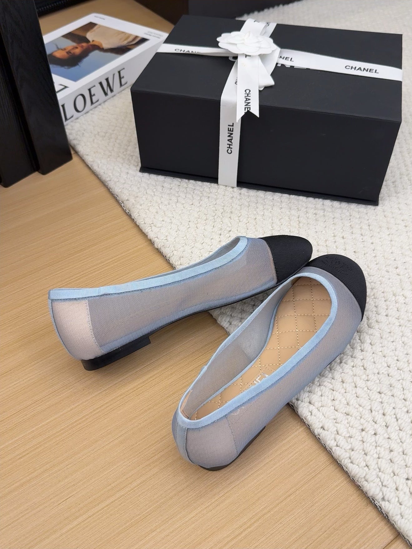 CHANEL BALLET FLAT IN BLACK FABRIC AND BABY BLUE MESH