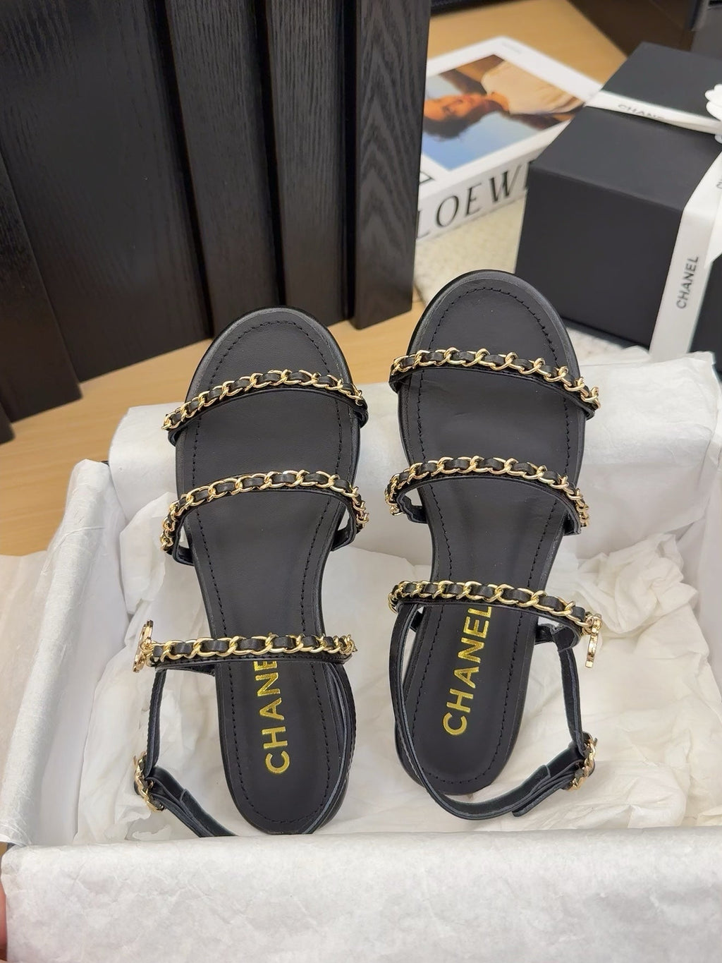 CHANEL THREE-STRAPS SANDALS IN BLACK CALFSKIN WITH GOLD HARDWARE