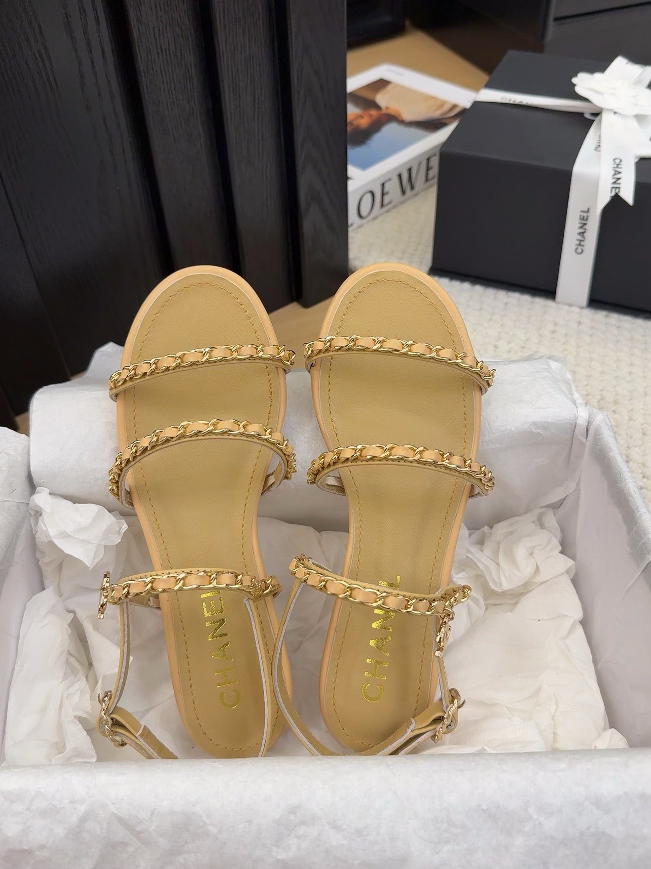 CHANEL THREE-STRAPS SANDALS IN SAND YELLOW CALFSKIN WITH GOLD HARDWARE