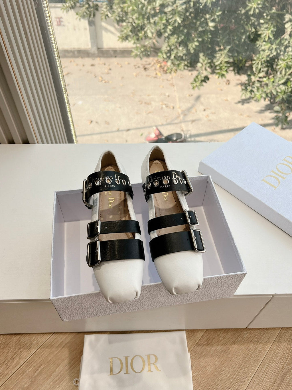 DIOR PUNK BALLET FLAT IN WHITE MIX BLACK SUPPLE CALFSKIN